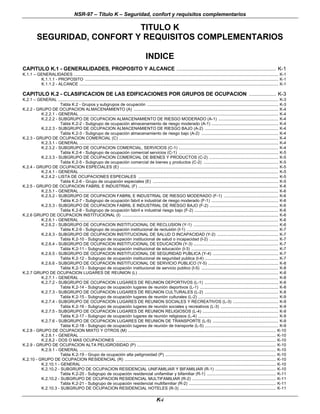 NSR-97 – Título K – Seguridad, confort y requisitos complementarios
K-i
TITULO K
SEGURIDAD, CONFORT Y REQUISITOS COMPLEMENTARIOS
INDICE
CAPITULO K.1 - GENERALIDADES, PROPOSITO Y ALCANCE .................................................................. K-1
K.1.1 – GENERALIDADES ..................................................................................................................................................................................... K-1
K.1.1.1 - PROPOSITO ........................................................................................................................................................................... K-1
K.1.1.2 - ALCANCE ................................................................................................................................................................................ K-1
CAPITULO K.2 - CLASIFICACION DE LAS EDIFICACIONES POR GRUPOS DE OCUPACION .................. K-3
K.2.1 – GENERAL ................................................................................................................................................................................................... K-3
Tabla K.2 - Grupos y subgrupos de ocupación .................................................................................................................... K-3
K.2.2 - GRUPO DE OCUPACION ALMACENAMIENTO (A) ................................................................................................................................ K-4
K.2.2.1 - GENERAL ................................................................................................................................................................................ K-4
K.2.2.2 - SUBGRUPO DE OCUPACION ALMACENAMIENTO DE RIESGO MODERADO (A-1) ..................................................... K-4
Tabla K.2-2 - Subgrupo de ocupación almacenamiento de riesgo moderado (A-1) ........................................................... K-4
K.2.2.3 - SUBGRUPO DE OCUPACION ALMACENAMIENTO DE RIESGO BAJO (A-2) ................................................................. K-4
Tabla K.2-3 - Subgrupo de ocupación almacenamiento de riesgo bajo (A-2) .................................................................... K-4
K.2.3 - GRUPO DE OCUPACION COMERCIAL (C) ............................................................................................................................................. K-4
K.2.3.1 - GENERAL ................................................................................................................................................................................ K-4
K.2.3.2 - SUBGRUPO DE OCUPACION COMERCIAL, SERVICIOS (C-1) ........................................................................................ K-4
Tabla K.2-4 - Subgrupo de ocupación comercial servicios (C-1) ........................................................................................ K-5
K.2.3.3 - SUBGRUPO DE OCUPACION COMERCIAL DE BIENES Y PRODUCTOS (C-2) ............................................................. K-5
Tabla K.2-5 - Subgrupo de ocupación comercial de bienes y productos (C-2) .................................................................. K-5
K.2.4 - GRUPO DE OCUPACION ESPECIALES (E) ............................................................................................................................................ K-5
K.2.4.1 - GENERAL ................................................................................................................................................................................ K-5
K.2.4.2 - LISTA DE OCUPACIONES ESPECIALES ............................................................................................................................ K-5
Tabla K.2-6 - Grupo de ocupación especiales (E) ............................................................................................................... K-5
K.2.5 - GRUPO DE OCUPACION FABRIL E INDUSTRIAL (F) ............................................................................................................................ K-6
K.2.5.1 - GENERAL ................................................................................................................................................................................ K-6
K.2.5.2 - SUBGRUPO DE OCUPACION FABRIL E INDUSTRIAL DE RIESGO MODERADO (F-1) ................................................ K-6
Tabla K.2-7 - Subgrupo de ocupación fabril e industrial de riesgo moderado (F-1) ........................................................... K-6
K.2.5.3 - SUBGRUPO DE OCUPACION FABRIL E INDUSTRIAL DE RIESGO BAJO (F-2) ............................................................. K-6
Tabla K.2-8 - Subgrupo de ocupación fabril e industrial riesgo bajo (F-2) .......................................................................... K-6
K.2.6 GRUPO DE OCUPACION INSTITUCIONAL (I) .......................................................................................................................................... K-6
K.2.6.1 - GENERAL ................................................................................................................................................................................ K-6
K.2.6.2 - SUBGRUPO DE OCUPACION INSTITUCIONAL DE RECLUSION (Y-1) ........................................................................... K-6
Tabla K.2-9 - Subgrupo de ocupación institucional de reclusión (I-1) ................................................................................. K-7
K.2.6.3 - SUBGRUPO DE OCUPACION INSTITUCIONAL DE SALUD O INCAPACIDAD (Y-2) ...................................................... K-7
Tabla K.2-10 - Subgrupo de ocupación institucional de salud o incapacidad (I-2) ............................................................. K-7
K.2.6.4 - SUBGRUPO DE OCUPACION INSTITUCIONAL DE EDUCACIÓN (Y-3) ........................................................................... K-7
Tabla K.2-11 - Subgrupo de ocupación institucional de educación (I-3) ............................................................................. K-7
K.2.6.5 - SUBGRUPO DE OCUPACION INSTITUCIONAL DE SEGURIDAD PUBLICA (Y-4) .......................................................... K-7
Tabla K.2-12 - Subgrupo de ocupación institucional de seguridad publica (I-4) ................................................................. K-7
K.2.6.6 - SUBGRUPO DE OCUPACION INSTITUCIONAL DE SERVICIO PUBLICO (Y-5) .............................................................. K-8
Tabla K.2-13 - Subgrupo de ocupación institucional de servicio publico (I-5) .................................................................... K-8
K.2.7 GRUPO DE OCUPACION LUGARES DE REUNION (L) ............................................................................................................................ K-8
K.2.7.1 - GENERAL ................................................................................................................................................................................ K-8
K.2.7.2 - SUBGRUPO DE OCUPACION LUGARES DE REUNION DEPORTIVOS (L-1) ................................................................. K-8
Tabla K.2-14 - Subgrupo de ocupación lugares de reunión deportivos (L-1) ..................................................................... K-8
K.2.7.3 - SUBGRUPO DE OCUPACION LUGARES DE REUNION CULTURALES (L-2) ................................................................. K-8
Tabla K.2-15 - Subgrupo de ocupación lugares de reunión culturales (L-2) ....................................................................... K-9
K.2.7.4 - SUBGRUPO DE OCUPACION LUGARES DE REUNION SOCIALES Y RECREATIVOS (L-3) ........................................ K-9
Tabla K.2-16 - Subgrupo de ocupación lugares de reunión sociales y recreativos (L-3) ................................................... K-9
K.2.7.5 - SUBGRUPO DE OCUPACION LUGARES DE REUNION RELIGIOSOS (L-4) ................................................................... K-9
Tabla K.2-17 - Subgrupo de ocupación lugares de reunión religiosos (L-4) ....................................................................... K-9
K.2.7.6 - SUBGRUPO DE OCUPACION LUGARES DE REUNION DE TRANSPORTE (L-5) .......................................................... K-9
Tabla K.2-18 - Subgrupo de ocupación lugares de reunión de transporte (L-5) ................................................................. K-9
K.2.8 - GRUPO DE OCUPACION MIXTO Y OTROS (M) ................................................................................................................................... K-10
K.2.8.1 - GENERAL .............................................................................................................................................................................. K-10
K.2.8.2 - DOS O MAS OCUPACIONES .............................................................................................................................................. K-10
K.2.9 - GRUPO DE OCUPACION ALTA PELIGROSIDAD (P) ........................................................................................................................... K-10
K.2.9.1 - GENERAL .............................................................................................................................................................................. K-10
Tabla K.2-19 - Grupo de ocupación alta peligrosidad (P) .................................................................................................. K-10
K.2.10 - GRUPO DE OCUPACION RESIDENCIAL (R) ...................................................................................................................................... K-10
K.2.10.1 - GENERAL ............................................................................................................................................................................ K-10
K.2.10.2 - SUBGRUPO DE OCUPACION RESIDENCIAL UNIFAMILIAR Y BIFAMILIAR (R-1) ...................................................... K-10
Tabla K.2-20 - Subgrupo de ocupación residencial unifamiliar y bifamiliar (R-1) ............................................................. K-11
K.2.10.2 - SUBGRUPO DE OCUPACION RESIDENCIAL MULTIFAMILIAR (R-2) .......................................................................... K-11
Tabla K.2-21 - Subgrupo de ocupación residencial multifamiliar (R-2) ............................................................................. K-11
K.2.10.3 - SUBGRUPO DE OCUPACION RESIDENCIAL HOTELES (R-3) ..................................................................................... K-11
 