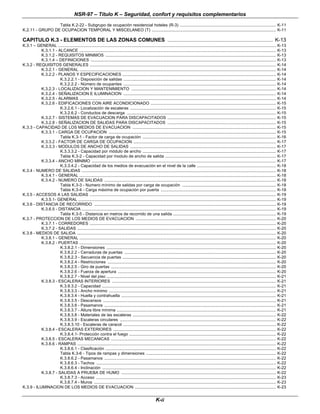 NSR-97 – Título K – Seguridad, confort y requisitos complementarios
K-ii
Tabla K.2-22 - Subgrupo de ocupación residencial hoteles (R-3) ..................................................................................... K-11
K.2.11 - GRUPO DE OCUPACION TEMPORAL Y MISCELANEO (T) .............................................................................................................. K-11
CAPITULO K.3 - ELEMENTOS DE LAS ZONAS COMUNES ...................................................................... K-13
K.3.1 – GENERAL ................................................................................................................................................................................................. K-13
K.3.1.1 - ALCANCE .............................................................................................................................................................................. K-13
K.3.1.2 - REQUISITOS MINIMOS ....................................................................................................................................................... K-13
K.3.1.4 – DEFINICIONES .................................................................................................................................................................... K-13
K.3.2 - REQUISITOS GENERALES ..................................................................................................................................................................... K-14
K.3.2.1 - GENERAL .............................................................................................................................................................................. K-14
K.3.2.2 - PLANOS Y ESPECIFICACIONES ........................................................................................................................................ K-14
K.3.2.2.1 - Disposición de salidas ....................................................................................................................................... K-14
K.3.2.2.2 - Número de ocupantes ....................................................................................................................................... K-14
K.3.2.3 - LOCALIZACION Y MANTENIMIENTO ................................................................................................................................ K-14
K.3.2.4 - SEÑALIZACION E ILUMINACION ....................................................................................................................................... K-14
K.3.2.5 - ALARMAS .............................................................................................................................................................................. K-14
K.3.2.6 - EDIFICACIONES CON AIRE ACONDICIONADO ............................................................................................................... K-15
K.3.2.6.1 - Localización de escaleras ................................................................................................................................. K-15
K.3.2.6.2 - Conductos de descarga .................................................................................................................................... K-15
K.3.2.7 - SISTEMAS DE EVACUACION PARA DISCAPACITADOS ................................................................................................ K-15
K.3.2.8 - SEÑALIZACION DE SALIDAS PARA DISCAPACITADOS ................................................................................................ K-15
K.3.3 - CAPACIDAD DE LOS MEDIOS DE EVACUACION ............................................................................................................................... K-15
K.3.3.1 - CARGA DE OCUPACION .................................................................................................................................................... K-15
Tabla K.3-1 - Factor de carga de ocupación ...................................................................................................................... K-16
K.3.3.2 - FACTOR DE CARGA DE OCUPACION .............................................................................................................................. K-17
K.3.3.3 - MODULOS DE ANCHO DE SALIDAS ................................................................................................................................. K-17
K.3.3.3.2 - Capacidad por módulo de ancho ...................................................................................................................... K-17
Tabla K.3-2 - Capacidad por modulo de ancho de salida .................................................................................................. K-17
K.3.3.4 - ANCHO MINIMO ................................................................................................................................................................... K-17
K.3.3.4.2 - Capacidad de los medios de evacuación en el nivel de la calle ...................................................................... K-18
K.3.4 - NUMERO DE SALIDAS ............................................................................................................................................................................ K-18
K.3.4.1 - GENERAL .............................................................................................................................................................................. K-18
K.3.4.2 - NUMERO DE SALIDAS ........................................................................................................................................................ K-18
Tabla K.3-3 - Numero mínimo de salidas por carga de ocupación ................................................................................... K-18
Tabla K.3-4 - Carga máxima de ocupación por puerta ...................................................................................................... K-18
K.3.5 - ACCESOS A LAS SALIDAS ..................................................................................................................................................................... K-19
K.3.5.1- GENERAL ............................................................................................................................................................................... K-19
K.3.6 - DISTANCIA DE RECORRIDO ................................................................................................................................................................. K-19
K.3.6.5 - DISTANCIA ............................................................................................................................................................................ K-19
Tabla K.3-5 - Distancia en metros de recorrido de una salida ........................................................................................... K-19
K.3.7 - PROTECCION DE LOS MEDIOS DE EVACUACION ............................................................................................................................ K-20
K.3.7.1 - CORREDORES ..................................................................................................................................................................... K-20
K.3.7.2 - SALIDAS ................................................................................................................................................................................ K-20
K.3.8 - MEDIOS DE SALIDA ................................................................................................................................................................................ K-20
K.3.8.1 - GENERAL .............................................................................................................................................................................. K-20
K.3.8.2 - PUERTAS .............................................................................................................................................................................. K-20
K.3.8.2.1 - Dimensiones ...................................................................................................................................................... K-20
K.3.8.2.2 - Cerraduras de puertas ...................................................................................................................................... K-20
K.3.8.2.3 - Secuencia de puertas ........................................................................................................................................ K-20
K.3.8.2.4 - Restricciones ..................................................................................................................................................... K-20
K.3.8.2.5 - Giro de puertas .................................................................................................................................................. K-20
K.3.8.2.6 - Fuerza de apertura ............................................................................................................................................ K-20
K.3.8.2.7 - Nivel del piso ...................................................................................................................................................... K-21
K.3.8.3 - ESCALERAS INTERIORES ................................................................................................................................................. K-21
K.3.8.3.2 - Capacidad .......................................................................................................................................................... K-21
K.3.8.3.3 - Ancho mínimo .................................................................................................................................................... K-21
K.3.8.3.4 - Huella y contrahuella ......................................................................................................................................... K-21
K.3.8.3.5 - Descansos ......................................................................................................................................................... K-21
K.3.8.3.6 - Pasamanos ........................................................................................................................................................ K-21
K.3.8.3.7 - Altura libre mínima ............................................................................................................................................. K-21
K.3.8.3.8 - Materiales de las escaleras ............................................................................................................................... K-22
K.3.8.3.9 - Escaleras circulares .......................................................................................................................................... K-22
K.3.8.3.10 - Escaleras de caracol ....................................................................................................................................... K-22
K.3.8.4 - ESCALERAS EXTERIORES ................................................................................................................................................ K-22
K.3.8.4.1- Protección contra el fuego .................................................................................................................................. K-22
K.3.8.5 - ESCALERAS MECANICAS .................................................................................................................................................. K-22
K.3.8.6 - RAMPAS ................................................................................................................................................................................ K-22
K.3.8.6.1 - Clasificación ....................................................................................................................................................... K-22
Tabla K.3-6 - Tipos de rampas y dimensiones ................................................................................................................... K-22
K.3.8.6.2 - Pasamanos ........................................................................................................................................................ K-22
K.3.8.6.3 - Techos ............................................................................................................................................................... K-22
K.3.8.6.4 - Inclinación .......................................................................................................................................................... K-22
K.3.8.7 - SALIDAS A PRUEBA DE HUMO ......................................................................................................................................... K-22
K.3.8.7.3 - Acceso ............................................................................................................................................................... K-23
K.3.8.7.4 - Muros ................................................................................................................................................................. K-23
K.3.9 - ILUMINACION DE LOS MEDIOS DE EVACUACION ............................................................................................................................. K-23
 