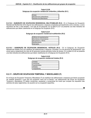 NSR-98 – Capítulo K.2 – Clasificación de las edificaciones por grupos de ocupación
K-11
Tabla K.2-20
Subgrupo de ocupación residencial unifamiliar y bifamiliar (R-1)
Casas
Residencias Unifamiliares
Residencias Bifamiliares
K.2.10.2 - SUBGRUPO DE OCUPACION RESIDENCIAL MULTIFAMILIAR (R-2) - En el Subgrupo de Ocupación
Residencial Multifamiliar (R-2) figuran las edificaciones o espacios empleados principalmente como vivienda, o como
dormitorio de tres o más familias, o de más de 20 personas. En la tabla K.2-21 se presenta una lista indicativa de
edificaciones que deben clasificarse en el Subgrupo de Ocupación (R-2).
Tabla K.2-21
Subgrupo de ocupación residencial multifamiliar (R-2)
Edificios de apartamentos
Dormitorios Universitarios
Monasterios y Afines
Multifamiliares
Internados
K.2.10.3 - SUBGRUPO DE OCUPACION RESIDENCIAL HOTELES (R-3) - En el Subgrupo de Ocupación
Residencial Hoteles (R-3) se clasifican las edificaciones o espacios, provistas o no de servicios de alimentación, que
sirven para el alojamiento de más de 20 personas durante períodos cortos de tiempo. En la tabla K.2-22 se presenta
una lista indicativa de edificaciones que deben clasificarse en el Subgrupo de Ocupación (R-3).
Tabla K.2-22
Subgrupo de ocupación residencial hoteles (R-3)
Hoteles
Pensiones
Apartahoteles
Moteles
Hospederías
K.2.11 - GRUPO DE OCUPACION TEMPORAL Y MISCELANEO (T)
En el Grupo de Ocupación Temporal y Misceláneo (T) se clasifican las edificaciones o espacios que tienen ocupación
de carácter temporal o cuyo tipo de ocupación varía con el tiempo. Las edificaciones del Grupo de Ocupación
Temporal y Misceláneo (T) deben construirse, equiparse y conservarse de modo que cumplan los requisitos más
estrictos de estos reglamentos, de acuerdo con su ocupación específica.
n
 