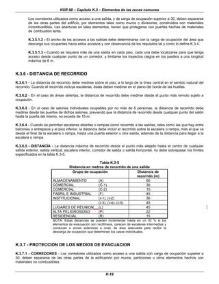 NSR-98 – Capítulo K.3 – Elementos de las zonas comunes
K-19
Los corredores utilizados como acceso a una salida, y de carga de ocupación superior a 30, deben separarse
de las otras partes del edificio, por elementos tales como muros o divisiones, construidos con materiales
incombustibles. Las aberturas en tales elementos, tienen que protegerse con puertas hechas de materiales
de combustión lenta.
K.3.5.1.2 - El ancho de los accesos a las salidas debe determinarse con la carga de ocupación del área que
descarga sus ocupantes hacia estos accesos y con observancia de los requisitos tal y como lo define K.3.4.
K.3.5.1.3 - Cuando se requiera más de una salida en cada piso, cada una debe localizarse para que tenga
acceso desde cualquier punto de un corredor, y limitarse los trayectos ciegos en los pasillos a una longitud
máxima de 6 m.
K.3.6 - DISTANCIA DE RECORRIDO
K.3.6.1 - La distancia de recorrido debe medirse sobre el piso, a lo largo de la línea central en el sentido natural del
recorrido. Cuando el recorrido incluya escaleras, éstas deben medirse en el plano del borde de las huellas.
K.3.6.2 - En el caso de áreas abiertas, la distancia de recorrido debe medirse desde el punto más remoto sujeto a
ocupación.
K.3.6.3 - En el caso de salones individuales ocupables por no más de 6 personas, la distancia de recorrido debe
medirse desde las puertas de dichos salones, previendo que la distancia de recorrido desde cualquier punto del salón
hasta la puerta del mismo, no exceda de 15 m.
K.3.6.4 - Cuando se permitan escaleras abiertas o rampas como recorrido a las salidas, tales como las que hay entre
balcones o entrepisos y el piso inferior, la distancia debe incluir el recorrido sobre la escalera o rampa, más el que va
desde el final de la escalera o rampa, hasta una puerta exterior u otra salida, además de la distancia para llegar a la
escalera o rampa.
K.3.6.5 - DISTANCIA - La distancia máxima de recorrido desde el punto más alejado hasta el centro de cualquier
salida exterior, salida vertical, escalera interior, corredor de salida o salida horizontal, no debe sobrepasar los límites
especificados en la tabla K.3-5.
Tabla K.3-5
Distancia en metros de recorrido de una salida
Grupo de ocupación Distancia de
recorrido (m)
ALMACENAMIENTO (A) 60
COMERCIAL (C-1) 30
COMERCIAL (C-2) 15
FABRIL E INDUSTRIAL (F) 45
INSTITUCIONAL (I-1), (I-2) 30
(I-3), (I-4)- (I-5) 45
LUGARES DE REUNION (L) 45
ALTA PELIGROSIDAD (P) 22
RESIDENCIAL (R) 15
NOTA: Estas distancias se pueden incrementar hasta en un 30 % si los
elementos de evacuación son rectilíneos, carecen de escaleras intermedias y
conducen a zonas exteriores a nivel, de área adecuada para recibir la
descarga de ocupación que determinen los casos individuales.
K.3.7 - PROTECCION DE LOS MEDIOS DE EVACUACION
K.3.7.1 - CORREDORES - Los corredores utilizados como acceso a una salida con carga de ocupación superior a
30, deben separarse de las otras partes de la edificación por muros, particiones u otros elementos hechos con
materiales no combustibles.
 