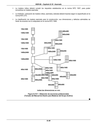 NSR-98 – Capítulo G.10 - Aserrado
G-38
• La madera rolliza deberá cumplir los requisitos establecidos en la norma NTC 1557, para poder
convertirse en madera aserrada.
• La medición, cubicación de madera rolliza, aserrada y labrada deberá hacerse según lo especificado en la
norma NTC 273.
• La clasificación de madera aserrada para la construcción, sus dimensiones y defectos admisibles se
harán de acuerdo con lo estipulado en la norma NTC 1646.
150x1400
1400x1400
150x1400
1400x1900
150x1400
1400x2400
1400x2900
400x1400
400x1400
900x2900
150x900
900x2400
400x1900
400x1900
400x900 900x900
900x900
400x850
900x1900
650x900
900x1400
400x1400
1400x1900
900x1400
1400x1400 400x1400
400x1400
1400x2400 650x650
400x2400
400x1400
900x2400
400x400
400x2400
todas las dimensiones en mm
Figura G.10-1 - Obtención de secciones preferenciales
(Tomado del Manual de Diseño para Maderas del Grupo Andino)
n
 