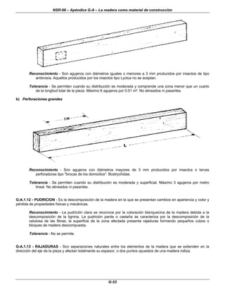 NSR-98 – Apéndice G-A – La madera como material de construcción
G-53
Reconocimiento - Son agujeros con diámetros iguales o menores a 3 mm producidos por insectos de tipo
ambrosía. Aquellos producidos por los insectos tipo Lyctus no se aceptan.
Tolerancia - Se permiten cuando su distribución es moderada y comprende una zona menor que un cuarto
de la longitud total de la pieza. Máximo 6 agujeros por 0.01 m². No alineados ni pasantes.
b) Perforaciones grandes
Reconocimiento - Son agujeros con diámetros mayores de 3 mm producidos por insectos o larvas
perforadoras tipo "brocas de los domicilios". Bostrychidae.
Tolerancia - Se permiten cuando su distribución es moderada y superficial. Máximo 3 agujeros por metro
lineal. No alineados ni pasantes.
G-A.1.12 - PUDRICION - Es la descomposición de la madera en la que se presentan cambios en apariencia y color y
pérdida de propiedades físicas y mecánicas.
Reconocimiento - La pudrición clara se reconoce por la coloración blanquecina de la madera debida a la
descomposición de la lignina. La pudrición parda o castaña se caracteriza por la descomposición de la
celulosa de las fibras; la superficie de la zona afectada presenta rajaduras formando pequeños cubos o
bloques de madera descompuesta.
Tolerancia - No se permite.
G-A.1.13 - RAJADURAS - Son separaciones naturales entre los elementos de la madera que se extienden en la
dirección del eje de la pieza y afectan totalmente su espesor, o dos puntos opuestos de una madera rolliza.
 