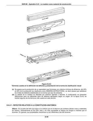 NSR-98 – Apéndice G-A – La madera como material de construcción
G-55
Figura G-A-2
Términos usados en la definición de defectos y presentación de la norma de clasificación visual
(c) Se espera que la producción de un aserradero que funciones con criterios mínimos de eficiencia, del 40%
al 45% de la producción se clasificaría como MADERA ESTRUCTURAL, es decir piezas que satisfacen
los límites de defectos establecidos en la norma que aquí de presenta.
(d) La calidad de la madera es afectada por diversos agentes o factores. A continuación se presentan
definiciones para los diferentes tipos de defectos agrupados según su origen. En la figura G-A-2 se
ilustran algunos de los términos más usados en esta sección.
G-A.2.1 - DEFECTOS RELATIVOS A LA CONSTITUCION ANATOMICA
Albura - Es la parte del leño que sigue a la corteza que en el árbol en pie contiene células vivas y materiales
de reserva. Generalmente es de color claro y es más susceptible al ataque de hongos e insectos que el
duramen. En general, sus propiedades mecánicas no son diferentes a las del duramen.
 