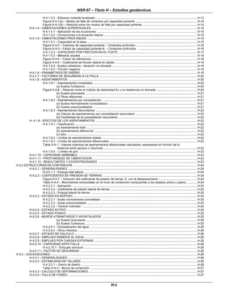 NSR-97 – Título H – Estudios geotécnicos
H-ii
H.4.1.3.3 - Esfuerzo cortante localizado ............................................................................................................................. H-13
Figura H.4-1(a) – Modos de falla de cimientos por capacidad portante ............................................................................ H-14
Figura H.4-1(b) – Relación entre los modos de falla por capacidad portante ................................................................... H-14
H.4.1.4 - CIMENTACIONES SUPERFICIALES .................................................................................................................................. H-14
H.4.1.4.1 - Aplicación de las ecuaciones ............................................................................................................................ H-15
H.4.1.4.2 - Correcciones a la ecuación básica ................................................................................................................... H-15
H.4.1.5 - CIMENTACIONES PROFUNDAS ........................................................................................................................................ H-15
H.4.1.5.1 - Capacidad en la base ....................................................................................................................................... H-15
Figura H.4-2 – Factores de capacidad portante – Cimientos profundos ........................................................................... H-16
Figura H.4-3 – Factor de capacidad portante N – Cimientos profundos ........................................................................ H-16
H.4.1.5.2 - CAPACIDAD POR FRICCION EN EL FUSTE ................................................................................................. H-17
H.4.1.5.3 - Métodos usuales ............................................................................................................................................... H-18
Figura H.4-4 – Factor de adherencia .................................................................................................................................. H-18
Figura H.4-5 – Coeficiente de fricción lateral en pilotes ..................................................................................................... H-19
H.4.1.5.4 - Suelos cohesivos - situación no-drenada ......................................................................................................... H-19
H.4.1.5.5 - Fricción negativa ............................................................................................................................................... H-19
H.4.1.6 - PARAMETROS DE DISEÑO ................................................................................................................................................ H-19
H.4.1.7 - FACTORES DE SEGURIDAD A LA FALLA ........................................................................................................................ H-20
H.4.1.8 - ASENTAMIENTOS ............................................................................................................................................................... H-20
H.4.1.8.1 - Asentamientos inmediatos ................................................................................................................................ H-20
(a) Suelos Cohesivos .......................................................................................................................................... H-20
Figura H.4-6 – Relación entre el módulo de elasticidad Eu y la resistencia no drenada ................................................. H-20
(b) Suelos granulares .......................................................................................................................................... H-21
(c) Otras relaciones ............................................................................................................................................. H-21
H.4.1.8.2 - Asentamientos por consolidación ..................................................................................................................... H-21
(a) Suelos Normalmente Consolidados ............................................................................................................. H-21
(b) Suelos preconsolidados ................................................................................................................................ H-21
H.4.1.8.3 - Asentamientos Secundarios ............................................................................................................................. H-22
(a) Cálculo de asentamientos por consolidación secundaria ............................................................................ H-22
(b) Factibilidad de la consolidación secundaria ................................................................................................. H-22
H. 4.1.9 - EFECTOS DE LOS ASENTAMIENTOS ............................................................................................................................. H-22
H.4.1.9.1 - Clasificación ....................................................................................................................................................... H-22
(a) Asentamiento total ......................................................................................................................................... H-22
(b) Asentamiento diferencial ............................................................................................................................... H-22
(c) Giro ................................................................................................................................................................. H-22
H.4.1.9.2 - Límites de asentamientos totales ..................................................................................................................... H-22
H.4.1.9.3 - Limites de asentamientos diferenciales ............................................................................................................ H-22
Tabla H.4-1 - Valores máximos de asentamientos diferenciales calculados, expresados en función de la
distancia entre apoyos o columnas ....................................................................................................................H-23
H.4.1.9.4. - Límites de giro .................................................................................................................................................. H-23
H.4.1.10 - CAPACIDAD ADMISIBLE ................................................................................................................................................... H-23
H.4.1.11 - PROFUNDIDAD DE CIMENTACION ................................................................................................................................. H-23
H.4.1.12 - RESULTANTES Y EXCENTRICIDADES .......................................................................................................................... H-23
H.4.2 ESTRUCTURAS DE CONTENCION ......................................................................................................................................................... H-24
H.4.2.1 - GENERALIDADES ................................................................................................................................................................ H-24
H.4.2.1.1 - Empuje total lateral ............................................................................................................................................ H-24
H.4.2.2 - COEFICIENTES DE PRESION DE TIERRAS ..................................................................................................................... H-24
Figura H.4-7 – Variación del coeficiente de presión de tierras, K, con el desplazamiento ............................................... H-24
Tabla H.4-2 – Movimientos horizontales en el muro de contención conducentes a los estados activo y pasivo ............ H-24
H.4.2.2.1 - Aplicación .......................................................................................................................................................... H-25
H.4.2.2.2 - Coeficiente de presión lateral de tierras ........................................................................................................... H-25
H.4.2.2.3 - Empuje lateral de tierras ................................................................................................................................... H-25
H.4.2.3 - ESTADO EN REPOSO ......................................................................................................................................................... H-25
H.4.2.3.1 - Suelo normalmente consolidado ...................................................................................................................... H-25
H.4.2.3.2 - Suelo preconsolidado ........................................................................................................................................ H-25
H.4.2.2.2 - Terreno inclinado ............................................................................................................................................... H-25
H.4.2.4 - ESTADO ACTIVO ................................................................................................................................................................. H-25
H.4.2.5 - ESTADO PASIVO ................................................................................................................................................................. H-25
H.4.2.6 - MUROS ATIRANTADOS O APUNTALADOS ..................................................................................................................... H-25
(a) Suelos Granulares ......................................................................................................................................... H-25
(b) Suelos Cohesivos .......................................................................................................................................... H-25
H.4.2.6.1 - Consideración del agua .................................................................................................................................... H-26
H.4.2.6.2 - Otros métodos ................................................................................................................................................... H-26
H.4.2.7 - ESTADO DE CALCULO ....................................................................................................................................................... H-26
H.4.2.8 - EMPUJES DEBIDOS AL AGUA ........................................................................................................................................... H-26
H.4.2.9 - EMPUJES POR CARGAS EXTERNAS ............................................................................................................................... H-26
H.4.2.10 - CAPACIDAD ANTE FALLA ................................................................................................................................................ H-26
H.4.2.10.1 - Empujes sísmicos ........................................................................................................................................... H-26
H.4.2.11 - FACTOR DE SEGURIDAD ................................................................................................................................................. H-26
H.4.3 – EXCAVACIONES ..................................................................................................................................................................................... H-26
H.4.3.1 - GENERALIDADES ................................................................................................................................................................ H-26
H.4.3.2 - ESTABILIDAD DE TALUDES ............................................................................................................................................... H-26
H.4.3.2.1 – Sismo de diseño ............................................................................................................................................... H-26
Tabla H.4-3 – Muros de contención .................................................................................................................................... H-27
H.4.3.3 - CALCULO DE DEFORMACIONES ...................................................................................................................................... H-27
H.4.3.4 - FALLA DE FONDO ............................................................................................................................................................... H-27
 