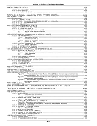 NSR-97 – Título H – Estudios geotécnicos
H-iii
H.4.4 - ESTABILIDAD DE TALUDES .................................................................................................................................................................. H-28
H.4.4.1 - RECONOCIMIENTO ............................................................................................................................................................. H-28
H.4.4.2 – METODOLOGIA.....................................................................................................................................................................H-28
H.4.4.3 - PROBABILIDAD DE FALLA ................................................................................................................................................. H-28
CAPITULO H.5 - SUELOS LICUABLES Y OTROS EFECTOS SISMICOS .................................................... H-29
H.5.0 – NOMENCLATURA ................................................................................................................................................................................... H-29
H.5.1 – GENERALIDADES ................................................................................................................................................................................... H-29
H.5.1.1 – LA AMPLIFICACION ............................................................................................................................................................ H-29
H.5.1.2 – OTROS FENOMENOS ASOCIADOS CON LA RESPUESTA SISMICA ........................................................................... H-30
H.5.1.3 - LA FALLA SISMICA DEL SUELO ........................................................................................................................................ H-30
H.5.1.4 - LA LICUACION ..................................................................................................................................................................... H-30
H.5.2 - CARACTERISTICAS DE LA AMPLIFICACION ...................................................................................................................................... H-30
H.5.2.1 - LA PARTICIPACION DEL SUELO ....................................................................................................................................... H-30
H.5.2.2 - LA TRIPLE RESONANCIA ................................................................................................................................................... H-30
H.5.2.3 - AMPLIFICACION DEL DEPOSITO DE SUELO .................................................................................................................. H-30
H.5.2.3.1 - Relación con el Movimiento Incidente .............................................................................................................. H-30
H.5.2.3.2 - Análisis ............................................................................................................................................................... H-30
H.5.3 – OTROS FENOMENOS ASOCIADOS CON LA RESPUESTA SISMICA .............................................................................................. H-30
H.5.3.1 - LAS ONDAS SISMICAS ....................................................................................................................................................... H-30
H.5.3.1.1 - - Velocidad de la onda P ................................................................................................................................... H-31
H.5.3.1.2 - Velocidad de la onda S ..................................................................................................................................... H-31
H.5.3.1.3 - Relación de velocidades ................................................................................................................................... H-31
H.5.3.1.4 - Longitud de la onda ........................................................................................................................................... H-31
H.5.3.2 - PERIODO FUNDAMENTAL DE VIBRACION ...................................................................................................................... H-31
H.5.3.2.1 - Métodos Sofisticados ........................................................................................................................................ H-31
H.5.3.3 - LA RELACION DE IMPEDANCIAS ...................................................................................................................................... H-31
H.5.3.4 - LA RESPUESTA EN SUPERFICIE ...................................................................................................................................... H-32
H.5.4 - CONSIDERACIONES SOBRE LA FALLA DEL DEPOSITO DE SUELOS ............................................................................................ H-32
H.5.4.1 - DEGRADACIÓN DEL SUELO .............................................................................................................................................. H-32
H.5.4.1.1 - Suelos cohesivos ............................................................................................................................................... H-32
H.5.4.1.2 - Suelos granulares ............................................................................................................................................. H-32
H.5.4.1.3 - Laboratorio ......................................................................................................................................................... H-32
H.5.4.3 - ASENTAMIENTOS SISMICOS ............................................................................................................................................ H-32
H.5.4.4 - DESLIZAMIENTOS ............................................................................................................................................................... H-32
H.5.5 - LA LICUACION Y LOS FENOMENOS RELACIONADOS ...................................................................................................................... H-32
H.5.5.1 - LICUACIÓN DE FLUJO ........................................................................................................................................................ H-32
H.5.5.2 - MOVILIDAD CICLICA ........................................................................................................................................................... H-32
H.5.5.3 - CASOS ESPECIALES .......................................................................................................................................................... H-32
H.5.5.4 - VOLCANES DE ARENA ....................................................................................................................................................... H-32
H.5.6 - SUSCEPTIBILIDAD A LA LICUACION .................................................................................................................................................... H-33
H.5.7 - NUMERO DE CICLOS ............................................................................................................................................................................. H-33
H.5.8 - ESFUERZO CORTANTE CICLICO ......................................................................................................................................................... H-33
H.5.9 - RELACION DE ESFUERZOS CICLICOS ............................................................................................................................................... H-34
H.5.10 - CRITERIOS DE LICUACION ................................................................................................................................................................ H-34
Figura H.5-1 – Variación de la relación de esfuerzos cíclicos (REC) con el ensayo de penetración estándar
para diversos valores de N ................................................................................................................................ H-34
Figura H.5-2 – Variación de la relación de esfuerzos cíclicos (REC) con el ensayo de penetración estándar
para contenidos de finos diversos ..................................................................................................................... H-35
Figura H.5-3 – Relación entre la magnitud del sismo y la distancia epicentral donde se ha presentado
históricamente licuación .................................................................................................................................... H-35
H.5.11 - ALCANCES DE LA LICUACION ............................................................................................................................................................ H-35
H.5.12 - CRITERIO GRAFICO ............................................................................................................................................................................. H-36
H.5.13 - METODOS PARA MEJORAR LA RESISTENCIA DE LOS DEPOSITOS DE SUELOS A LA LICUACION ....................................... H-36
CAPITULO H.6 - SUELOS CON CARACTERISTICAS ESPECIALES ........................................................... H-37
H.6.0 – NOMENCLATURA ................................................................................................................................................................................... H-37
H.6.1 - SUELOS EXPANSIVOS ........................................................................................................................................................................... H-37
H.6.1.1 - GENERALIDADES ................................................................................................................................................................ H-37
H.6.1.1.1 - Calificación de la expansividad ......................................................................................................................... H-37
H.6.1.1.2 - Minerales activos ............................................................................................................................................... H-37
H.6.1.2 - PROFUNDIDAD DE LA ZONA ACTIVA .............................................................................................................................. H-37
H.6.1.2.1 - Nivel Freático ..................................................................................................................................................... H-37
H.6.1.3 - IDENTIFICACION DE LOS SUELOS EXPANSIVOS .......................................................................................................... H-37
Tabla H.6-1 - Clasificación de suelos expansivos .............................................................................................................. H-38
Figura H.6-1 – Profundidad de la zona activa y variaciones estacionales de la humedad ............................................. H-38
H.6.1.4 - HUMEDAD DE EQUILIBRIO ................................................................................................................................................ H-38
H.6.1.5 - PRESION DE EXPANSION PROBABLE ............................................................................................................................. H-38
H.6.1.5.1 - Otros Métodos ................................................................................................................................................... H-38
H.6.1.6 - MEDIDAS PREVENTIVAS ................................................................................................................................................... H-39
H.6.1.7 - ALTERACION DEL SUELO EXPANSIVO ........................................................................................................................... H-39
H.6.1.8 - ELUSION DE LOS SUELOS EXPANSIVOS ....................................................................................................................... H-39
H.6.1.9 - MITIGACION DE TIPO ESTRUCTURAL ............................................................................................................................. H-39
H.6.2 - SUELOS DISPERSIVOS O ERODABLES .............................................................................................................................................. H-39
H.6.2.1 - GENERALIDADES ................................................................................................................................................................ H-39
H.6.2.2 - TIPOS DE SUELOS ERODABLES ...................................................................................................................................... H-39
 