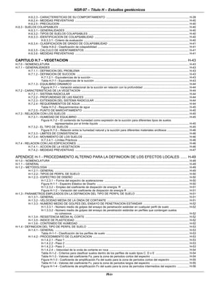 NSR-97 – Título H – Estudios geotécnicos
H-iv
H.6.2.3 - CARACTERISTICAS DE SU COMPORTAMIENTO ........................................................................................................... H-39
H.6.2.4 - MEDIDAS PREVENTIVAS ................................................................................................................................................... H-40
H.6.2.5 - PRECAUCION ...................................................................................................................................................................... H-40
H.6.3 - SUELOS COLAPSABLES ........................................................................................................................................................................ H-40
H.6.3.1 - GENERALIDADES ................................................................................................................................................................ H-40
H.6.3.2 - TIPOS DE SUELOS COLAPSABLES .................................................................................................................................. H-40
H.6.3.3 - IDENTIFICACION DE COLAPSABILIDAD .......................................................................................................................... H-40
H.6.3.3.1 - Criterio de evaluación ........................................................................................................................................ H-40
H.6.3.4 - CLASIFICACION DE GRADO DE COLAPSIBILIDAD ........................................................................................................ H-41
Tabla H.6-2 - Clasificación de colapsibilidad ...................................................................................................................... H-41
H.6.3.5 - CALCULO DE ASENTAMIENTOS ....................................................................................................................................... H-41
H.6.3.6 - MEDIDAS PREVENTIVAS ................................................................................................................................................... H-41
CAPITULO H.7 – VEGETACION .................................................................................................................. H-43
H.7.0 – NOMENCLATURA ................................................................................................................................................................................... H-43
H.7.1 – GENERALIDADES ................................................................................................................................................................................... H-43
H.7.1.1 - DEFINICION DEL PROBLEMA ............................................................................................................................................ H-43
H.7.1.2 - DEFINICION DE SUCCION ................................................................................................................................................. H-43
H.7.1.2.1 - Equivalencias de la succión -............................................................................................................................. H-43
Tabla H.7-1 - Equivalencias de la succión .......................................................................................................................... H-43
H.7.1.3 - EQUILIBRIO DINAMICO ...................................................................................................................................................... H-44
Figura H.7-1 – Variación estacional de la succión en relación con la profundidad ........................................................... H-44
H.7.2 - CARACTERISTICAS DE LA VEGETACION ........................................................................................................................................... H-44
H.7.2.1 - SISTEMA RADICULAR ........................................................................................................................................................ H-44
H.7.2.2 - PROFUNDIDAD DE LAS RAICES ....................................................................................................................................... H-44
H.7.2.3 - EXTENSION DEL SISTEMA RADICULAR .......................................................................................................................... H-44
H.7.2.4 - REQUERIMIENTOS DE AGUA ............................................................................................................................................ H-44
Tabla H.7-2 - Requerimientos de agua ............................................................................................................................... H-45
H.7.2.5 - PUNTO DE MARCHITAMIENTO ......................................................................................................................................... H-45
H.7.3 - RELACION CON LOS SUELOS .............................................................................................................................................................. H-45
H.7.3.1 - HUMEDAD DE EQUILIBRIO ................................................................................................................................................ H-45
Figura H.7-2 – El contenido de humedad como expresión de la succión para diferentes tipos de suelos
representados por el límite líquido .................................................................................................................... H-45
H.7.3.2 - EL TIPO DE SUELOS ........................................................................................................................................................... H-45
Figura H.7-3 – Relación entre la humedad natural y la succión para diferentes materiales arcillosos ............................ H-46
H.7.3.3 - LIMITES DE CONSISTENCIA .............................................................................................................................................. H-46
H.7.3.4 - MOVIMIENTO DE LOS SUELOS ......................................................................................................................................... H-46
H.7.3.4.1 - Límites Prácticos ............................................................................................................................................... H-46
H.7.4 - RELACION CON LAS EDIFICACIONES ................................................................................................................................................. H-46
H.7.4.1 - ACCION DE LA VEGETACION ............................................................................................................................................ H-46
H.7.4.2 - MEDIDAS PREVENTIVAS ................................................................................................................................................... H-47
APENDICE H-1 - PROCEDIMIENTO ALTERNO PARA LA DEFINICION DE LOS EFECTOS LOCALES ...... H-49
H-1.0 – NOMENCLATURA ................................................................................................................................................................................... H-49
H-1.1 – GENERAL ................................................................................................................................................................................................ H-49
H-1.2 – METODOLOGIA ...................................................................................................................................................................................... H-49
H-1.2.1 - GENERAL ............................................................................................................................................................................. H-49
H-1.2.2 - TIPOS DE PERFIL DE SUELO ............................................................................................................................................ H-50
H-1.2.3 - ESPECTRO DE DISEÑO ..................................................................................................................................................... H-50
H-1.2.3.1 – Forma del espectro de aceleraciones ............................................................................................................. H-50
Figura H-1-1 - Espectro Elástico de Diseño ....................................................................................................................... H-50
H-1.2.3.2 – Empleo del coeficiente de disipación de energía, R ....................................................................................... H-51
Figura H-1-2 – Variación del coeficiente de disipación de energía R ................................................................................ H-51
H-1.3 - PARAMETROS EMPLEADOS EN LA DEFINICION DEL TIPO DE PERFIL DE SUELO ..................................................................... H-51
H-1.3.1 - GENERAL ............................................................................................................................................................................. H-51
H-1.3.2 - VELOCIDAD MEDIA DE LA ONDA DE CORTANTE .......................................................................................................... H-51
H-1.3.3 - NUMERO MEDIO DE GOLPES DEL ENSAYO DE PENETRACION ESTANDAR ........................................................... H-52
H-1.3.3.1 - Número medio de golpes del ensayo de penetración estándar en cualquier perfil de suelo ......................... H-52
H-1.3.3.2 - Número medio de golpes del ensayo de penetración estándar en perfiles que contengan suelos
no cohesivos ...................................................................................................................................................... H-52
H-1.3.4 - RESISTENCIA MEDIA AL CORTE ...................................................................................................................................... H-52
H-1.3.5 - INDICE DE PLASTICIDAD ................................................................................................................................................... H-52
H-1.3.6 - CONTENIDO DE HUMEDAD ............................................................................................................................................... H-52
H-1.4 - DEFINICION DEL TIPO DE PERFIL DE SUELO ................................................................................................................................... H-53
H-1.4.1 - GENERAL ............................................................................................................................................................................. H-53
Tabla H-1-1 - Clasificación de los perfiles de suelo ........................................................................................................... H-53
H-1.4.2 - PROCEDIMIENTO DE CLASIFICACION ............................................................................................................................ H-53
H-1.4.2.1 - Paso 1 ................................................................................................................................................................ H-53
H-1.4.2.2 - Paso 2 ................................................................................................................................................................ H-53
H-1.4.2.3 - Paso 3 ................................................................................................................................................................ H-53
H-1.4.2.4 – Velocidad de la onda de cortante en roca ....................................................................................................... H-54
Tabla H-1-2 - Criterios para clasificar suelos dentro de los perfiles de suelo tipos C, D o E ........................................... H-54
Tabla H-1-3 - Valores del coeficiente Fa, para la zona de periodos cortos del espectro ................................................. H-54
Figura H-1-3 - Coeficiente de amplificación Fa del suelo para la zona de períodos cortos del espectro ........................ H-55
Tabla H-1-4 - Valores del coeficiente Fv, para la zona de periodos largos del espectro ................................................. H-55
Figura H-1-4 - Coeficiente de amplificación Fv del suelo para la zona de períodos intermedios del espectro ............... H-56
 