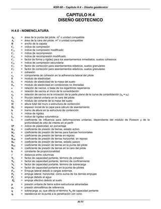 NSR-98 – Capítulo H.4 – Diseño geotécnico
H-11
CAPITULO H.4
DISEÑO GEOTECNICO
H.4.0 - NOMENCLATURA
Ap = área de la punta del pilote, m2
o unidad compatible
As = área de la cara del pilote, m2
o unidad compatible
B = ancho de la zapata
Cc = índice de compresión
Cce = índice de compresión modificado
Cr = índice de recompresión
Cre = índice de recompresión modificado
Cs = factor de forma y rigidez para los asentamientos inmediatos, suelos cohesivos
Cα
α = índice de compresión secundaria
C1 = factor de corrección para asentamientos elásticos, suelos granulares
C2 = factor de corrección para asentamientos elásticos, suelos granulares
c = cohesión
ca = componente de cohesión en la adherencia lateral del pilote
E = modulo de elasticidad
Es = módulo de elasticidad de la masa del suelo
Eu = modulo de elasticidad en condiciones no drenadas
e = relación de vacíos, o base de los logaritmos neperianos
eo = relación de vacíos al inicio de la consolidación
ep = relación de vacíos en la iniciación de la parte plana de la curva de consolidación (ep ≈ e0).
fs = fricción lateral unitaria en la cara del pilote
Gs = módulo de cortante de la masa del suelo
H = altura total del muro o estructura de contención
Ho = espesor inicial de la capa para cálculo de asentamiento
h = tramo de altura en la estructura de contención
Ir = índice de rigidez
Irr = índice de rigidez volumétrica
Iz = coeficiente de influencia para deformaciones unitarias, dependiente del módulo de Poisson y de la
profundidad de sitio de interés en el perfil
IP = índice de plasticidad, en porcentaje
KA = coeficiente de presión de tierras, estado activo
Kh = coeficiente de presión de tierras para fuerzas horizontales
Ko = coeficiente de presión de tierras en reposo
Koh = coeficiente de presión de tierras horizontal, en reposo
KP = coeficiente de presión de tierras, estado pasivo
Kpo = coeficiente de presión de tierras en la punta del pilote
Ks = coeficiente de presión de tierras en la cara del pilote
k = constante de proporcionalidad
l
l = distancia entre columnas
Nc = factor de capacidad portante, término de cohesión
Nq = factor de capacidad portante, término de confinamiento
Nγ
γ = factor de capacidad portante, término de sobrecarga
Nσ
σ = factor de capacidad portante en la punta de pilotes
Pex = Empuje lateral debido a cargas externas
Ph = empuje lateral, horizontal, como suma de los demás empujes
Pw = empuje debido al agua
′
′
Ph = empuje efectivo debido al suelo
p = presión unitaria de tierra sobre estructuras atirantadas
pa = presión atmosférica de referencia
q = sobrecarga, γ
γz, que afecta el término Nq de capacidad portante
qc = resistencia en la punta a la penetración con cono
 