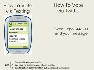 How To Vote                                         How To Vote
 via Texting                                         via Twitter


       61429883481                                  Tweet @poll 446211
                                                    and your message
       446211
       Learning should
       look like …




        1. Standard texting rates only
TIPS    2. We have no access to your phone number
        3. Capitalization doesn’t matter, but spaces and spelling do
 