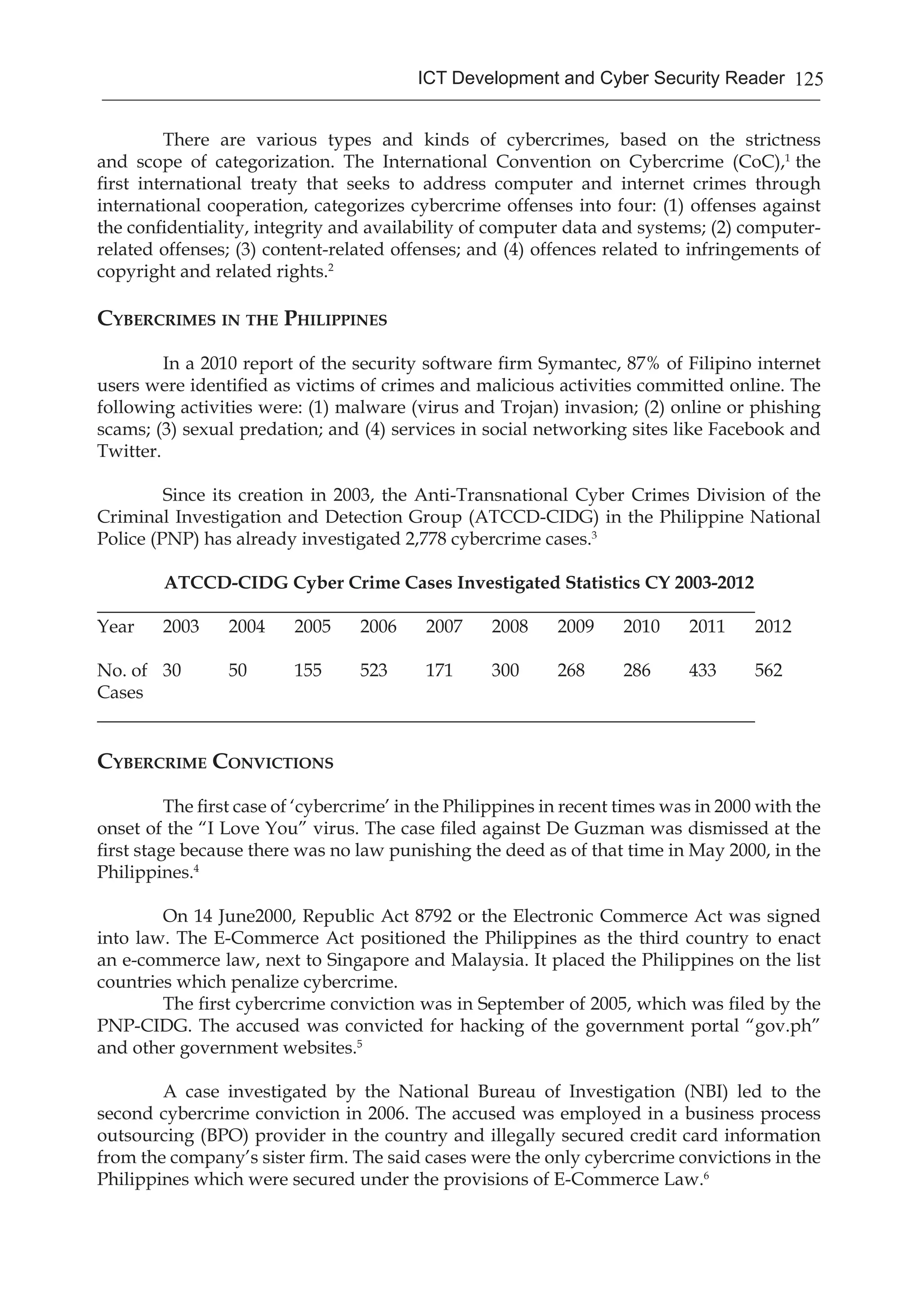 125ICT Development and Cyber Security Reader
	 There are various types and kinds of cybercrimes, based on the strictness
and scope of categorization. The International Convention on Cybercrime (CoC),1
the
first international treaty that seeks to address computer and internet crimes through
international cooperation, categorizes cybercrime offenses into four: (1) offenses against
the confidentiality, integrity and availability of computer data and systems; (2) computer-
related offenses; (3) content-related offenses; and (4) offences related to infringements of
copyright and related rights.2
Cybercrimes in the Philippines
	 In a 2010 report of the security software firm Symantec, 87% of Filipino internet
users were identified as victims of crimes and malicious activities committed online. The
following activities were: (1) malware (virus and Trojan) invasion; (2) online or phishing
scams; (3) sexual predation; and (4) services in social networking sites like Facebook and
Twitter.
	 Since its creation in 2003, the Anti-Transnational Cyber Crimes Division of the
Criminal Investigation and Detection Group (ATCCD-CIDG) in the Philippine National
Police (PNP) has already investigated 2,778 cybercrime cases.3
ATCCD-CIDG Cyber Crime Cases Investigated Statistics CY 2003-2012
________________________________________________________________________
Year	 2003	 2004	 2005	 2006	 2007	 2008	 2009	 2010	 2011	 2012
No. of 	 30	 50	 155	 523	 171	 300	 268	 286	 433	 562
Cases	
________________________________________________________________________
Cybercrime Convictions
	 The first case of ‘cybercrime’ in the Philippines in recent times was in 2000 with the
onset of the “I Love You” virus. The case filed against De Guzman was dismissed at the
first stage because there was no law punishing the deed as of that time in May 2000, in the
Philippines.4
	
	 On 14 June2000, Republic Act 8792 or the Electronic Commerce Act was signed
into law. The E-Commerce Act positioned the Philippines as the third country to enact
an e-commerce law, next to Singapore and Malaysia. It placed the Philippines on the list
countries which penalize cybercrime.
	 The first cybercrime conviction was in September of 2005, which was filed by the
PNP-CIDG. The accused was convicted for hacking of the government portal “gov.ph”
and other government websites.5
	 A case investigated by the National Bureau of Investigation (NBI) led to the
second cybercrime conviction in 2006. The accused was employed in a business process
outsourcing (BPO) provider in the country and illegally secured credit card information
from the company’s sister firm. The said cases were the only cybercrime convictions in the
Philippines which were secured under the provisions of E-Commerce Law.6
 