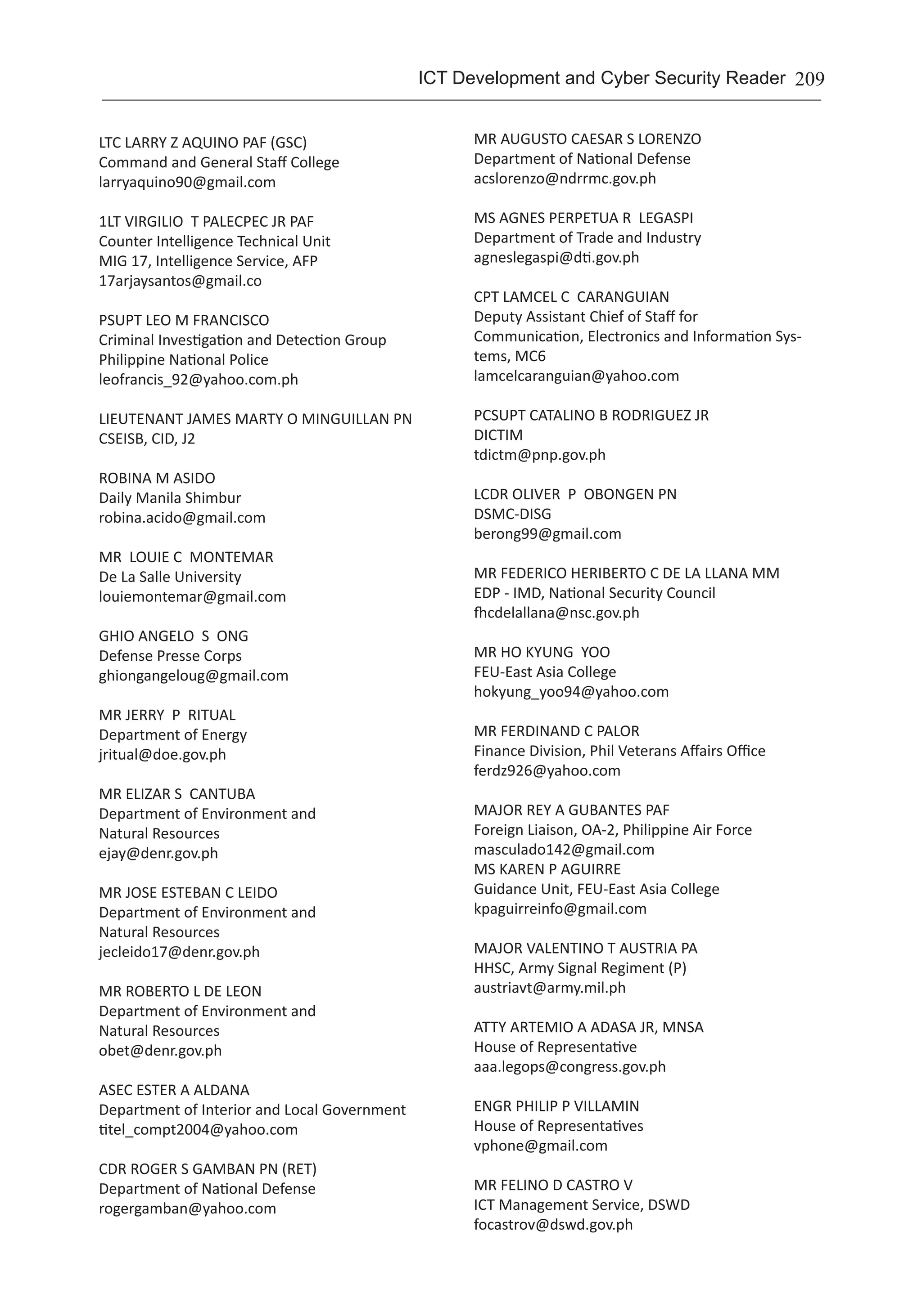 209ICT Development and Cyber Security Reader
LTC LARRY Z AQUINO PAF (GSC)	
Command and General Staff College	
larryaquino90@gmail.com
1LT VIRGILIO T PALECPEC JR PAF
Counter Intelligence Technical Unit
MIG 17, Intelligence Service, AFP
17arjaysantos@gmail.co
PSUPT LEO M FRANCISCO
Criminal Investigation and Detection Group
Philippine National Police	
leofrancis_92@yahoo.com.ph
LIEUTENANT JAMES MARTY O MINGUILLAN PN	
CSEISB, CID, J2	
ROBINA M ASIDO	
Daily Manila Shimbur	
robina.acido@gmail.com
MR LOUIE C MONTEMAR	
De La Salle University	
louiemontemar@gmail.com
GHIO ANGELO S ONG	
Defense Presse Corps	
ghiongangeloug@gmail.com
MR JERRY P RITUAL	
Department of Energy	
jritual@doe.gov.ph
MR ELIZAR S CANTUBA	
Department of Environment and
Natural Resources	
ejay@denr.gov.ph
MR JOSE ESTEBAN C LEIDO	
Department of Environment and
Natural Resources	
jecleido17@denr.gov.ph
MR ROBERTO L DE LEON	
Department of Environment and
Natural Resources	
obet@denr.gov.ph
ASEC ESTER A ALDANA	
Department of Interior and Local Government	
titel_compt2004@yahoo.com
CDR ROGER S GAMBAN PN (RET)	
Department of National Defense	
rogergamban@yahoo.com
MR AUGUSTO CAESAR S LORENZO	
Department of National Defense	
acslorenzo@ndrrmc.gov.ph
MS AGNES PERPETUA R LEGASPI	
Department of Trade and Industry	
agneslegaspi@dti.gov.ph
CPT LAMCEL C CARANGUIAN
Deputy Assistant Chief of Staff for
Communication, Electronics and Information Sys-
tems, MC6	
lamcelcaranguian@yahoo.com
PCSUPT CATALINO B RODRIGUEZ JR	
DICTIM	
tdictm@pnp.gov.ph
LCDR OLIVER P OBONGEN PN	
DSMC-DISG	
berong99@gmail.com
MR FEDERICO HERIBERTO C DE LA LLANA MM	
EDP - IMD, National Security Council	
fhcdelallana@nsc.gov.ph
MR HO KYUNG YOO	
FEU-East Asia College	
hokyung_yoo94@yahoo.com
MR FERDINAND C PALOR	
Finance Division, Phil Veterans Affairs Office	
ferdz926@yahoo.com
MAJOR REY A GUBANTES PAF	
Foreign Liaison, OA-2, Philippine Air Force	
masculado142@gmail.com
MS KAREN P AGUIRRE	
Guidance Unit, FEU-East Asia College	
kpaguirreinfo@gmail.com
MAJOR VALENTINO T AUSTRIA PA	
HHSC, Army Signal Regiment (P)	
austriavt@army.mil.ph
ATTY ARTEMIO A ADASA JR, MNSA	
House of Representative	
aaa.legops@congress.gov.ph
ENGR PHILIP P VILLAMIN	
House of Representatives	
vphone@gmail.com
MR FELINO D CASTRO V	
ICT Management Service, DSWD	
focastrov@dswd.gov.ph
 
