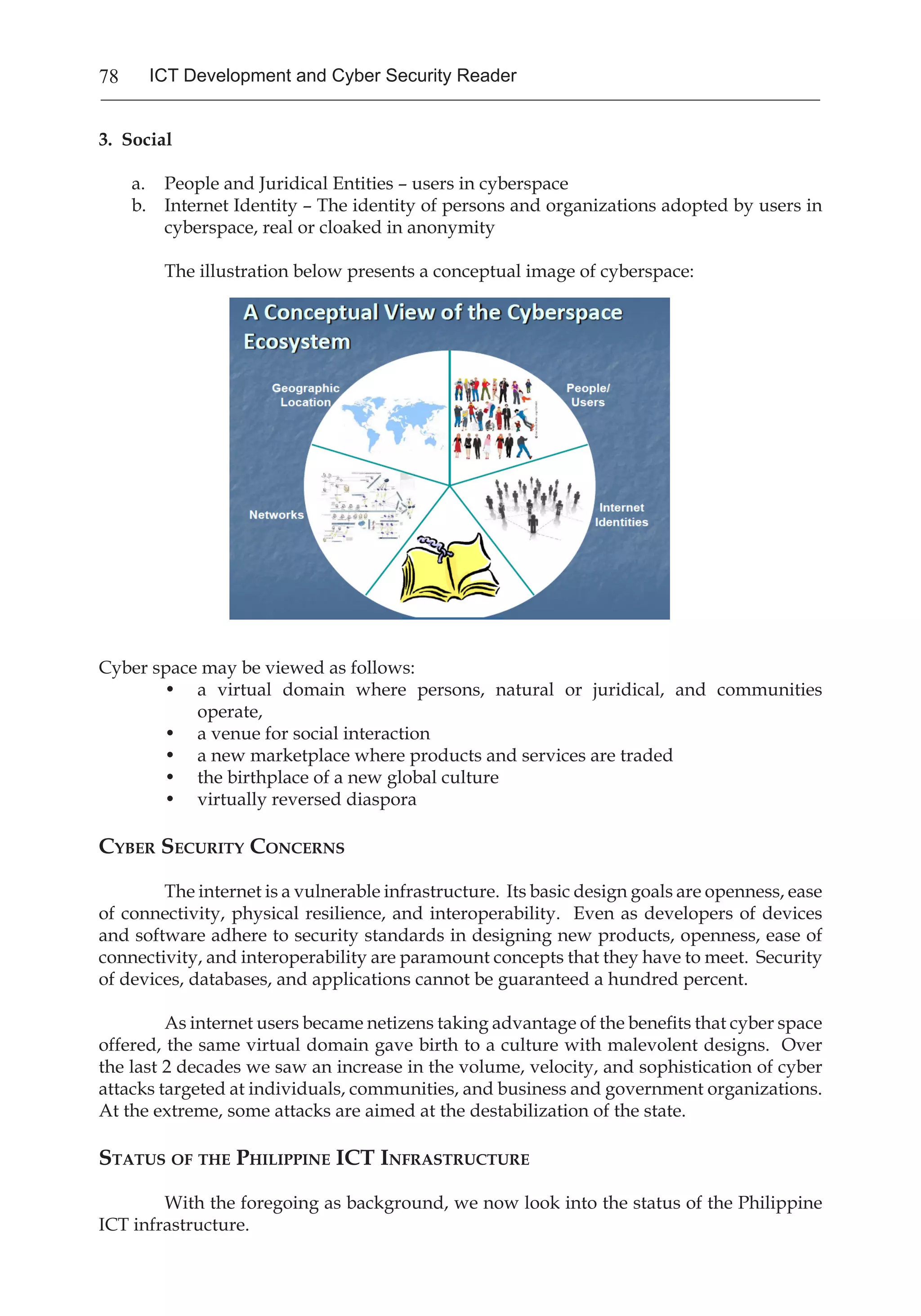 78 ICT Development and Cyber Security Reader
3. Social
a. 	 People and Juridical Entities – users in cyberspace
b. 	 Internet Identity – The identity of persons and organizations adopted by users in
cyberspace, real or cloaked in anonymity
	 The illustration below presents a conceptual image of cyberspace:
	
	
Cyber space may be viewed as follows:
• 	 a virtual domain where persons, natural or juridical, and communities
operate,
• 	 a venue for social interaction
• 	 a new marketplace where products and services are traded
• 	 the birthplace of a new global culture
• 	 virtually reversed diaspora
Cyber Security Concerns
	 The internet is a vulnerable infrastructure. Its basic design goals are openness, ease
of connectivity, physical resilience, and interoperability. Even as developers of devices
and software adhere to security standards in designing new products, openness, ease of
connectivity, and interoperability are paramount concepts that they have to meet. Security
of devices, databases, and applications cannot be guaranteed a hundred percent.
	 As internet users became netizens taking advantage of the benefits that cyber space
offered, the same virtual domain gave birth to a culture with malevolent designs. Over
the last 2 decades we saw an increase in the volume, velocity, and sophistication of cyber
attacks targeted at individuals, communities, and business and government organizations.
At the extreme, some attacks are aimed at the destabilization of the state.
Status of the Philippine ICT Infrastructure
	 With the foregoing as background, we now look into the status of the Philippine
ICT infrastructure.
 