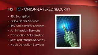 • SSL Encryption
• DDos Denial Services
• IPA Accelerator Services
• Anti-Intrusion Services
• Transaction Tokenization
• Secured Stream Services
• Hack Detection Services
NS RTC - ONION-LAYERED SECURITY
 