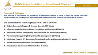 100 Marks
- DEPARTMENT OF MECHANICAL ENGINEERING
Atal Ranking of Institutions on Innovations Achievements
Parameters & Weightages:
Atal Ranking of Institutions on Innovation Achievements (ARIIA) is going to rank the Higher Education
Institution (HEI)s in India by using 7 parameters related to innovation and start-up ecosystem as follows.
Each parameter carries certain weightages out of a total of 100 marks.
1. Budget, Expenses to Support & Revenue Generated (20 Marks)
2. Infrastructures & Facilities to Support Innovations and Start-ups (10 Marks)
3. Awareness Activities for Promoting Idea Generation and Innovation (20 Marks)
4. Promotion and Supporting Entrepreneurship Development (20 Marks)
5. Intellectual Property (IP) Generation, Technology Transfer, and Commercialization (14 Marks)
6. Innovative Learning Methods & Courses (10 Marks)
7. Innovations in Governance of the Institution (6 Marks)
 
