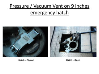 Pressure / Vacuum Vent on 9 inches
emergency hatch
Hatch – Closed Hatch – Open
 