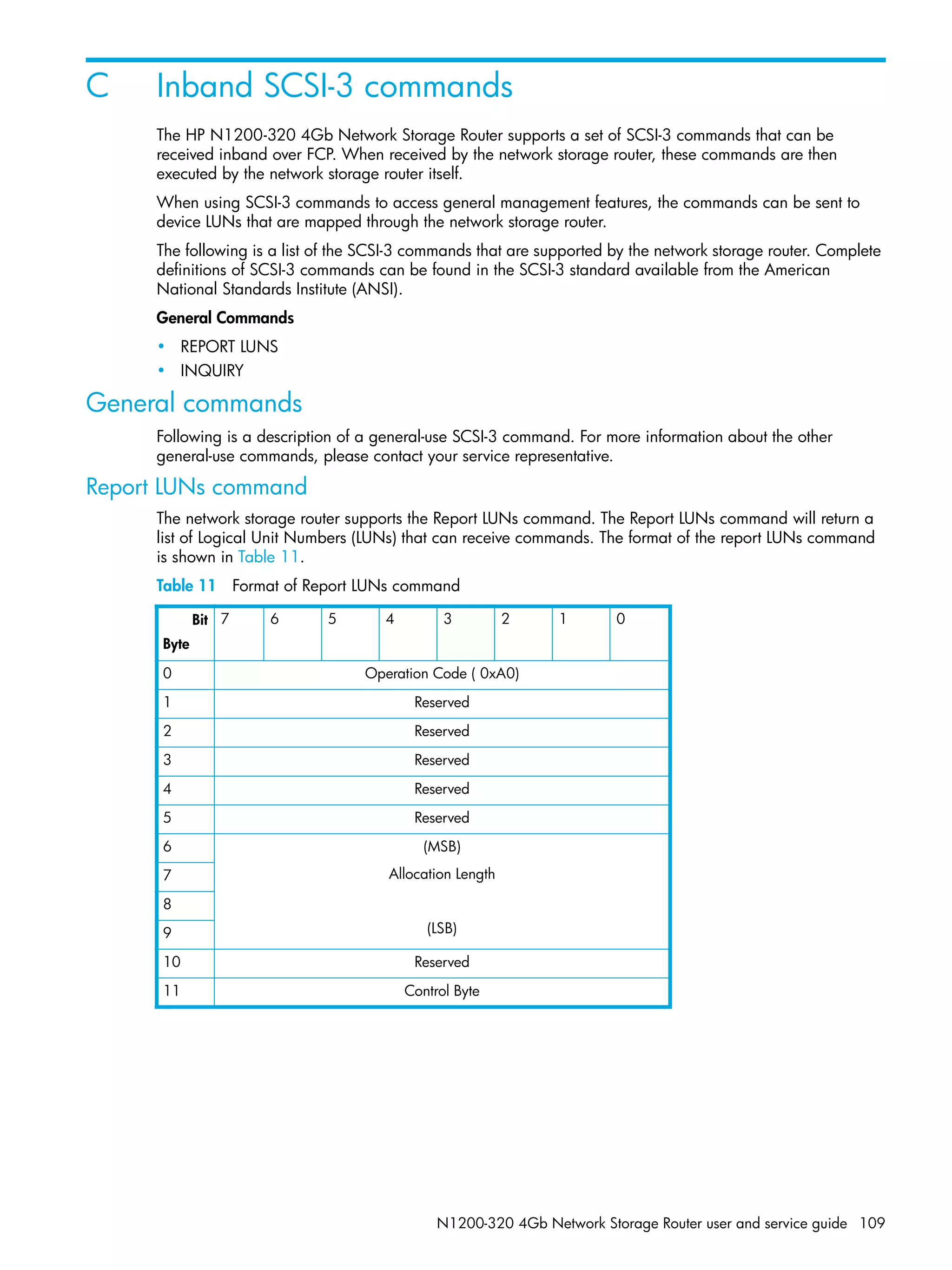 N1200-320 4Gb Network Storage Router user and service guide 109
C Inband SCSI-3 commands
The HP N1200-320 4Gb Network Storage Router supports a set of SCSI-3 commands that can be
received inband over FCP. When received by the network storage router, these commands are then
executed by the network storage router itself.
When using SCSI-3 commands to access general management features, the commands can be sent to
device LUNs that are mapped through the network storage router.
The following is a list of the SCSI-3 commands that are supported by the network storage router. Complete
definitions of SCSI-3 commands can be found in the SCSI-3 standard available from the American
National Standards Institute (ANSI).
General Commands
• REPORT LUNS
• INQUIRY
General commands
Following is a description of a general-use SCSI-3 command. For more information about the other
general-use commands, please contact your service representative.
Report LUNs command
The network storage router supports the Report LUNs command. The Report LUNs command will return a
list of Logical Unit Numbers (LUNs) that can receive commands. The format of the report LUNs command
is shown in Table 11.
Table 11 Format of Report LUNs command
Bit
Byte
7 6 5 4 3 2 1 0
0 Operation Code ( 0xA0)
1 Reserved
2 Reserved
3 Reserved
4 Reserved
5 Reserved
6 (MSB)
Allocation Length
(LSB)
7
8
9
10 Reserved
11 Control Byte
 