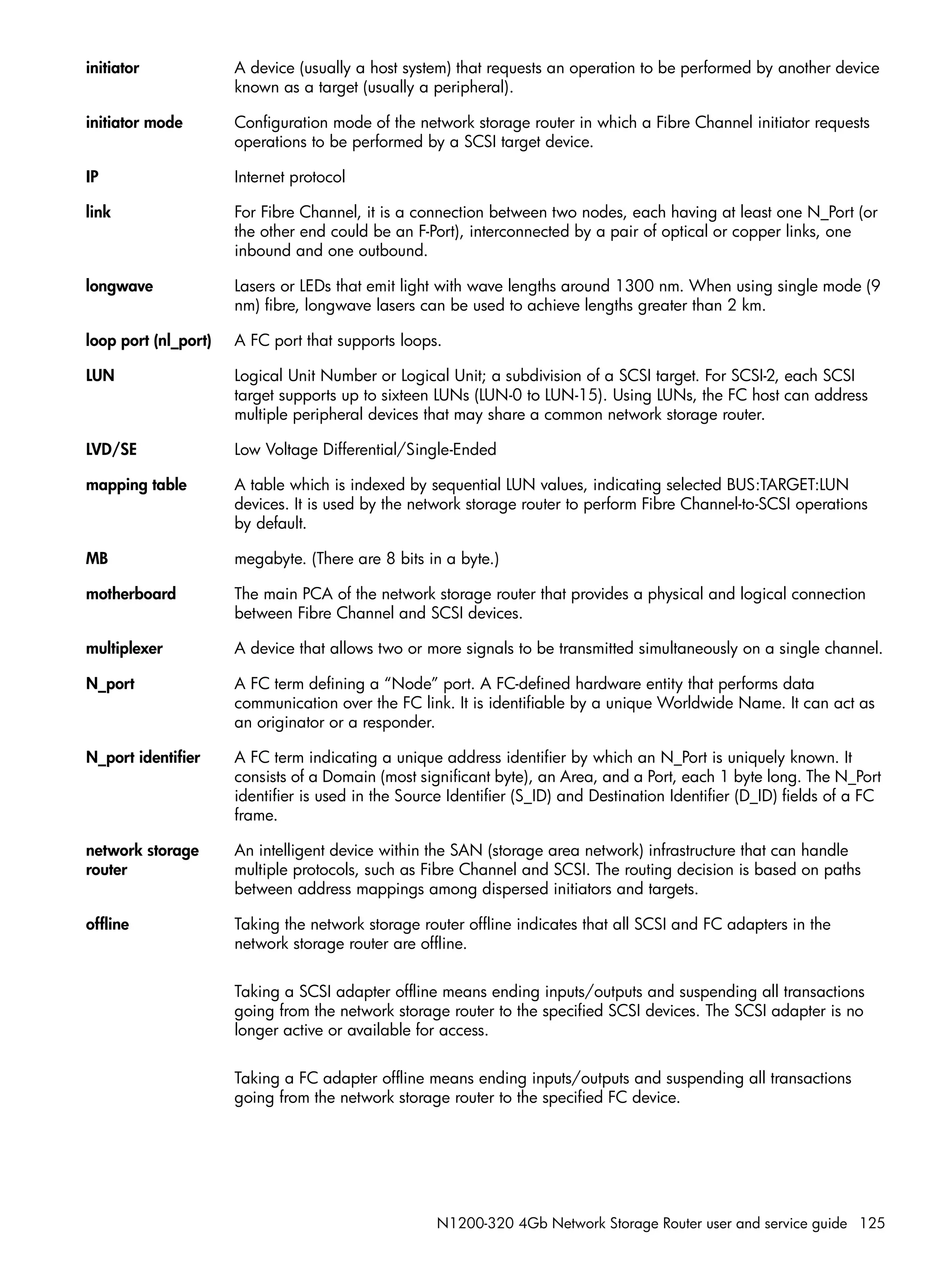 N1200-320 4Gb Network Storage Router user and service guide 125
initiator A device (usually a host system) that requests an operation to be performed by another device
known as a target (usually a peripheral).
initiator mode Configuration mode of the network storage router in which a Fibre Channel initiator requests
operations to be performed by a SCSI target device.
IP Internet protocol
link For Fibre Channel, it is a connection between two nodes, each having at least one N_Port (or
the other end could be an F-Port), interconnected by a pair of optical or copper links, one
inbound and one outbound.
longwave Lasers or LEDs that emit light with wave lengths around 1300 nm. When using single mode (9
nm) fibre, longwave lasers can be used to achieve lengths greater than 2 km.
loop port (nl_port) A FC port that supports loops.
LUN Logical Unit Number or Logical Unit; a subdivision of a SCSI target. For SCSI-2, each SCSI
target supports up to sixteen LUNs (LUN-0 to LUN-15). Using LUNs, the FC host can address
multiple peripheral devices that may share a common network storage router.
LVD/SE Low Voltage Differential/Single-Ended
mapping table A table which is indexed by sequential LUN values, indicating selected BUS:TARGET:LUN
devices. It is used by the network storage router to perform Fibre Channel-to-SCSI operations
by default.
MB megabyte. (There are 8 bits in a byte.)
motherboard The main PCA of the network storage router that provides a physical and logical connection
between Fibre Channel and SCSI devices.
multiplexer A device that allows two or more signals to be transmitted simultaneously on a single channel.
N_port A FC term defining a “Node” port. A FC-defined hardware entity that performs data
communication over the FC link. It is identifiable by a unique Worldwide Name. It can act as
an originator or a responder.
N_port identifier A FC term indicating a unique address identifier by which an N_Port is uniquely known. It
consists of a Domain (most significant byte), an Area, and a Port, each 1 byte long. The N_Port
identifier is used in the Source Identifier (S_ID) and Destination Identifier (D_ID) fields of a FC
frame.
network storage
router
An intelligent device within the SAN (storage area network) infrastructure that can handle
multiple protocols, such as Fibre Channel and SCSI. The routing decision is based on paths
between address mappings among dispersed initiators and targets.
offline Taking the network storage router offline indicates that all SCSI and FC adapters in the
network storage router are offline.
Taking a SCSI adapter offline means ending inputs/outputs and suspending all transactions
going from the network storage router to the specified SCSI devices. The SCSI adapter is no
longer active or available for access.
Taking a FC adapter offline means ending inputs/outputs and suspending all transactions
going from the network storage router to the specified FC device.
 