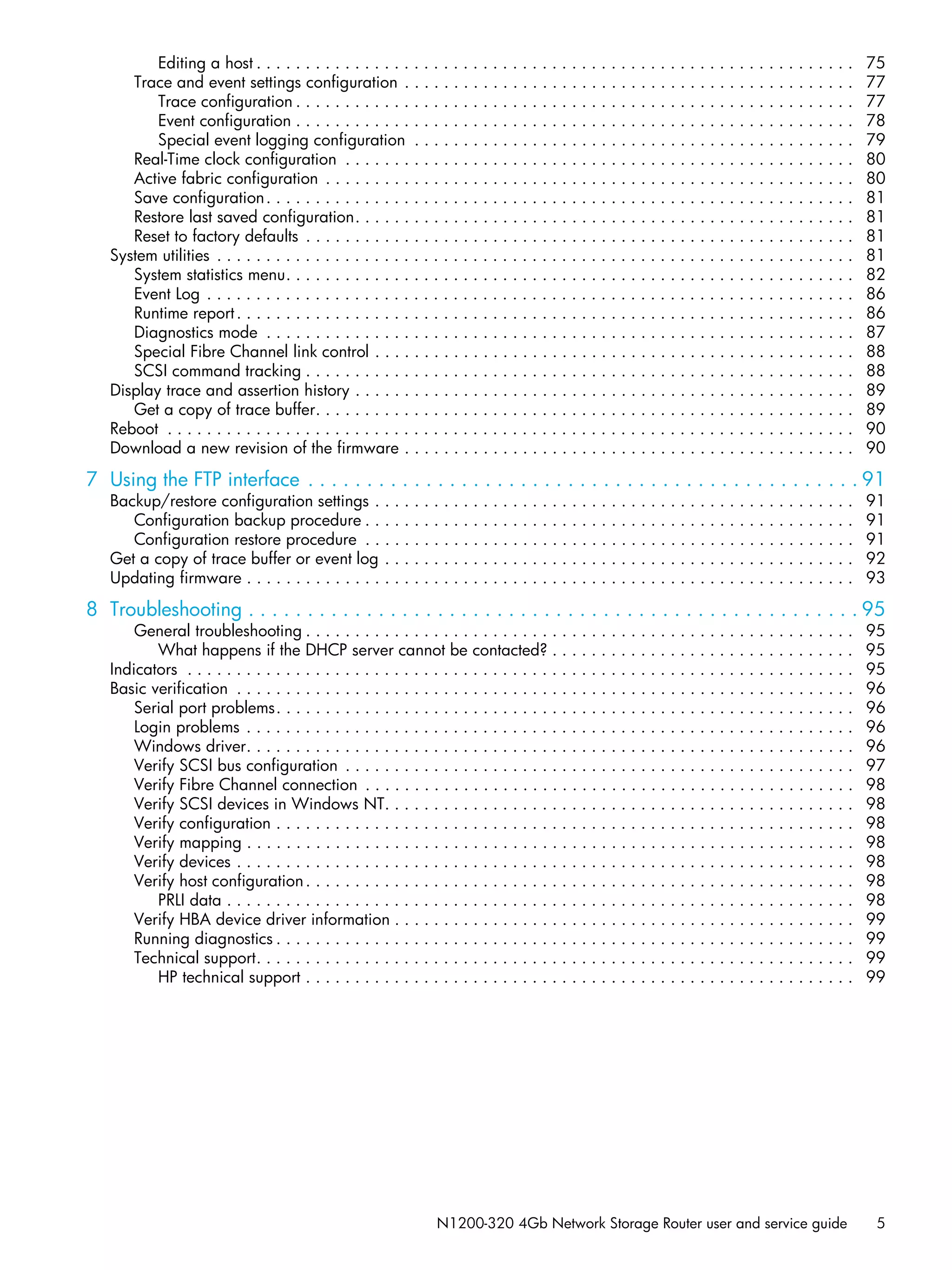 N1200-320 4Gb Network Storage Router user and service guide 5
Editing a host . . . . . . . . . . . . . . . . . . . . . . . . . . . . . . . . . . . . . . . . . . . . . . . . . . . . . . . . . . . . . 75
Trace and event settings configuration . . . . . . . . . . . . . . . . . . . . . . . . . . . . . . . . . . . . . . . . . . . . . . 77
Trace configuration . . . . . . . . . . . . . . . . . . . . . . . . . . . . . . . . . . . . . . . . . . . . . . . . . . . . . . . . . 77
Event configuration . . . . . . . . . . . . . . . . . . . . . . . . . . . . . . . . . . . . . . . . . . . . . . . . . . . . . . . . . 78
Special event logging configuration . . . . . . . . . . . . . . . . . . . . . . . . . . . . . . . . . . . . . . . . . . . . . 79
Real-Time clock configuration . . . . . . . . . . . . . . . . . . . . . . . . . . . . . . . . . . . . . . . . . . . . . . . . . . . . 80
Active fabric configuration . . . . . . . . . . . . . . . . . . . . . . . . . . . . . . . . . . . . . . . . . . . . . . . . . . . . . . 80
Save configuration. . . . . . . . . . . . . . . . . . . . . . . . . . . . . . . . . . . . . . . . . . . . . . . . . . . . . . . . . . . . 81
Restore last saved configuration. . . . . . . . . . . . . . . . . . . . . . . . . . . . . . . . . . . . . . . . . . . . . . . . . . . 81
Reset to factory defaults . . . . . . . . . . . . . . . . . . . . . . . . . . . . . . . . . . . . . . . . . . . . . . . . . . . . . . . . 81
System utilities . . . . . . . . . . . . . . . . . . . . . . . . . . . . . . . . . . . . . . . . . . . . . . . . . . . . . . . . . . . . . . . . . 81
System statistics menu. . . . . . . . . . . . . . . . . . . . . . . . . . . . . . . . . . . . . . . . . . . . . . . . . . . . . . . . . . 82
Event Log . . . . . . . . . . . . . . . . . . . . . . . . . . . . . . . . . . . . . . . . . . . . . . . . . . . . . . . . . . . . . . . . . . 86
Runtime report. . . . . . . . . . . . . . . . . . . . . . . . . . . . . . . . . . . . . . . . . . . . . . . . . . . . . . . . . . . . . . . 86
Diagnostics mode . . . . . . . . . . . . . . . . . . . . . . . . . . . . . . . . . . . . . . . . . . . . . . . . . . . . . . . . . . . . 87
Special Fibre Channel link control . . . . . . . . . . . . . . . . . . . . . . . . . . . . . . . . . . . . . . . . . . . . . . . . . 88
SCSI command tracking . . . . . . . . . . . . . . . . . . . . . . . . . . . . . . . . . . . . . . . . . . . . . . . . . . . . . . . . 88
Display trace and assertion history . . . . . . . . . . . . . . . . . . . . . . . . . . . . . . . . . . . . . . . . . . . . . . . . . . . 89
Get a copy of trace buffer. . . . . . . . . . . . . . . . . . . . . . . . . . . . . . . . . . . . . . . . . . . . . . . . . . . . . . . 89
Reboot . . . . . . . . . . . . . . . . . . . . . . . . . . . . . . . . . . . . . . . . . . . . . . . . . . . . . . . . . . . . . . . . . . . . . . 90
Download a new revision of the firmware . . . . . . . . . . . . . . . . . . . . . . . . . . . . . . . . . . . . . . . . . . . . . . 90
7 Using the FTP interface . . . . . . . . . . . . . . . . . . . . . . . . . . . . . . . . . . . . . . . . . . . . . . . 91
Backup/restore configuration settings . . . . . . . . . . . . . . . . . . . . . . . . . . . . . . . . . . . . . . . . . . . . . . . . . 91
Configuration backup procedure . . . . . . . . . . . . . . . . . . . . . . . . . . . . . . . . . . . . . . . . . . . . . . . . . . 91
Configuration restore procedure . . . . . . . . . . . . . . . . . . . . . . . . . . . . . . . . . . . . . . . . . . . . . . . . . . 91
Get a copy of trace buffer or event log . . . . . . . . . . . . . . . . . . . . . . . . . . . . . . . . . . . . . . . . . . . . . . . . 92
Updating firmware . . . . . . . . . . . . . . . . . . . . . . . . . . . . . . . . . . . . . . . . . . . . . . . . . . . . . . . . . . . . . . 93
8 Troubleshooting . . . . . . . . . . . . . . . . . . . . . . . . . . . . . . . . . . . . . . . . . . . . . . . . . . . . 95
General troubleshooting . . . . . . . . . . . . . . . . . . . . . . . . . . . . . . . . . . . . . . . . . . . . . . . . . . . . . . . . 95
What happens if the DHCP server cannot be contacted? . . . . . . . . . . . . . . . . . . . . . . . . . . . . . . . 95
Indicators . . . . . . . . . . . . . . . . . . . . . . . . . . . . . . . . . . . . . . . . . . . . . . . . . . . . . . . . . . . . . . . . . . . . 95
Basic verification . . . . . . . . . . . . . . . . . . . . . . . . . . . . . . . . . . . . . . . . . . . . . . . . . . . . . . . . . . . . . . . 96
Serial port problems. . . . . . . . . . . . . . . . . . . . . . . . . . . . . . . . . . . . . . . . . . . . . . . . . . . . . . . . . . . 96
Login problems . . . . . . . . . . . . . . . . . . . . . . . . . . . . . . . . . . . . . . . . . . . . . . . . . . . . . . . . . . . . . . 96
Windows driver. . . . . . . . . . . . . . . . . . . . . . . . . . . . . . . . . . . . . . . . . . . . . . . . . . . . . . . . . . . . . . 96
Verify SCSI bus configuration . . . . . . . . . . . . . . . . . . . . . . . . . . . . . . . . . . . . . . . . . . . . . . . . . . . . 97
Verify Fibre Channel connection . . . . . . . . . . . . . . . . . . . . . . . . . . . . . . . . . . . . . . . . . . . . . . . . . . 98
Verify SCSI devices in Windows NT. . . . . . . . . . . . . . . . . . . . . . . . . . . . . . . . . . . . . . . . . . . . . . . . 98
Verify configuration . . . . . . . . . . . . . . . . . . . . . . . . . . . . . . . . . . . . . . . . . . . . . . . . . . . . . . . . . . . 98
Verify mapping . . . . . . . . . . . . . . . . . . . . . . . . . . . . . . . . . . . . . . . . . . . . . . . . . . . . . . . . . . . . . . 98
Verify devices . . . . . . . . . . . . . . . . . . . . . . . . . . . . . . . . . . . . . . . . . . . . . . . . . . . . . . . . . . . . . . . 98
Verify host configuration. . . . . . . . . . . . . . . . . . . . . . . . . . . . . . . . . . . . . . . . . . . . . . . . . . . . . . . . 98
PRLI data . . . . . . . . . . . . . . . . . . . . . . . . . . . . . . . . . . . . . . . . . . . . . . . . . . . . . . . . . . . . . . . . 98
Verify HBA device driver information . . . . . . . . . . . . . . . . . . . . . . . . . . . . . . . . . . . . . . . . . . . . . . . 99
Running diagnostics . . . . . . . . . . . . . . . . . . . . . . . . . . . . . . . . . . . . . . . . . . . . . . . . . . . . . . . . . . . 99
Technical support. . . . . . . . . . . . . . . . . . . . . . . . . . . . . . . . . . . . . . . . . . . . . . . . . . . . . . . . . . . . . 99
HP technical support . . . . . . . . . . . . . . . . . . . . . . . . . . . . . . . . . . . . . . . . . . . . . . . . . . . . . . . . 99
 