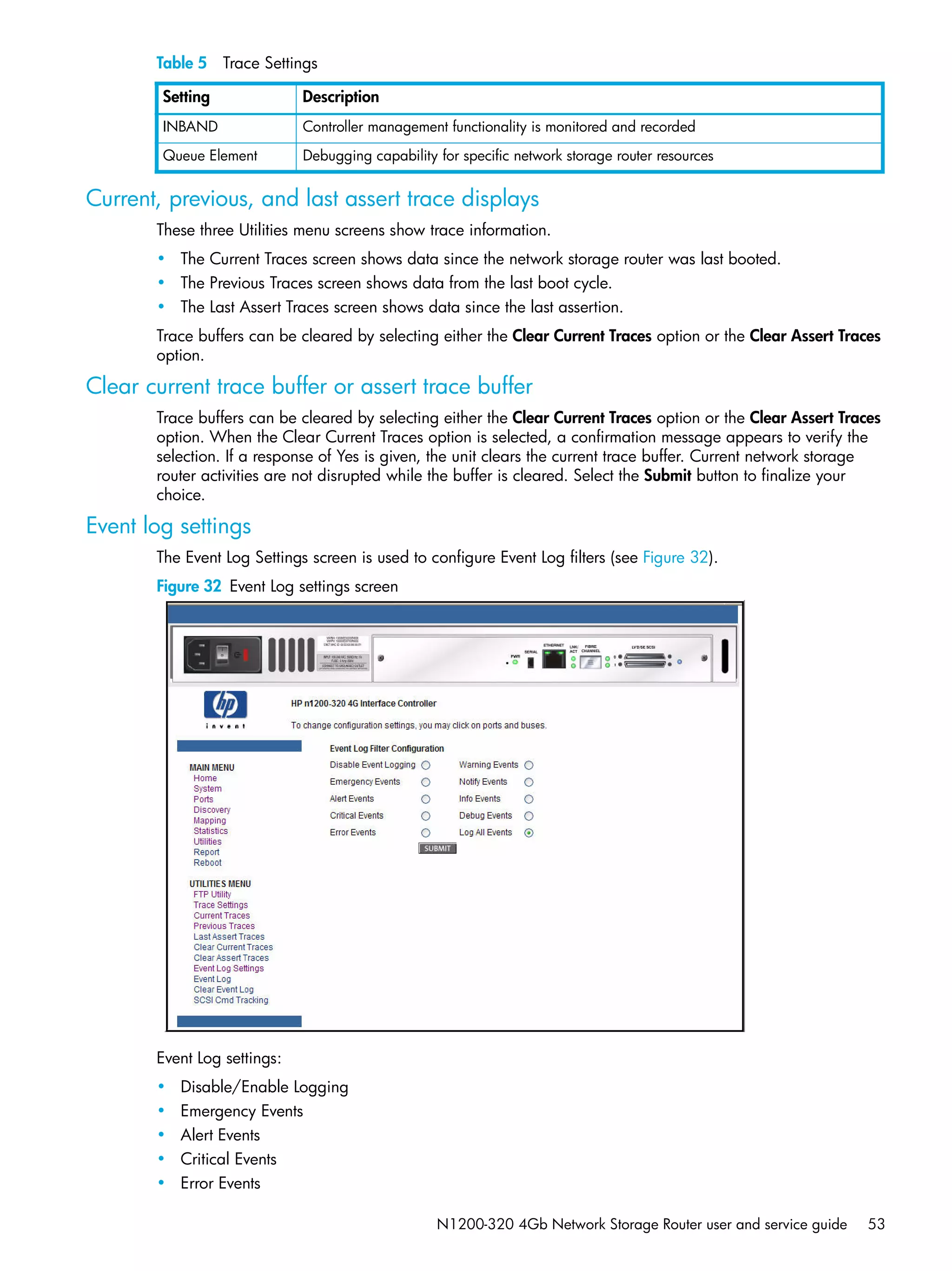 N1200-320 4Gb Network Storage Router user and service guide 53
Current, previous, and last assert trace displays
These three Utilities menu screens show trace information.
• The Current Traces screen shows data since the network storage router was last booted.
• The Previous Traces screen shows data from the last boot cycle.
• The Last Assert Traces screen shows data since the last assertion.
Trace buffers can be cleared by selecting either the Clear Current Traces option or the Clear Assert Traces
option.
Clear current trace buffer or assert trace buffer
Trace buffers can be cleared by selecting either the Clear Current Traces option or the Clear Assert Traces
option. When the Clear Current Traces option is selected, a confirmation message appears to verify the
selection. If a response of Yes is given, the unit clears the current trace buffer. Current network storage
router activities are not disrupted while the buffer is cleared. Select the Submit button to finalize your
choice.
Event log settings
The Event Log Settings screen is used to configure Event Log filters (see Figure 32).
Figure 32 Event Log settings screen
Event Log settings:
• Disable/Enable Logging
• Emergency Events
• Alert Events
• Critical Events
• Error Events
INBAND Controller management functionality is monitored and recorded
Queue Element Debugging capability for specific network storage router resources
Table 5 Trace Settings
Setting Description
 
