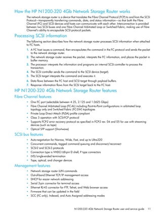 N1200-320 4Gb Network Storage Router user and service guide 11
How the HP N1200-320 4Gb Network Storage Router works
The network storage router is a device that translates the Fibre Channel Protocol (FCP) to and from the SCSI
Protocol—transparently transferring commands, data, and status information—so that both the Fibre
Channel (FC) and SCSI devices and hosts can communicate with each other. Interconnection is provided
between two SCSI buses and one Fibre Channel Arbitrated Loop or Switched Fabric, making use of Fibre
Channel’s ability to encapsulate SCSI protocol packets.
Processing SCSI information
The following section describes how the network storage router processes SCSI information when attached
to FC hosts.
1. A FC host issues a command, then encapsulates the command in the FC protocol and sends the packet
to the network storage router.
2. The network storage router receives the packet, interprets the FC information, and places the packet in
buffer memory.
3. The processor interprets the information and programs an internal SCSI controller to process the
transaction.
4. The SCSI controller sends the command to the SCSI device (target).
5. The SCSI target interprets the command and executes it.
6. Data flows between the FC host and SCSI target through payload buffers.
7. Response information flows from the SCSI target back to the FC host.
HP N1200-320 4Gb Network Storage Router features
Fibre Channel features
• One FC port (selectable between 4.25, 2.125 and 1.0625 Gbps)
• Fibre Channel Arbitrated Loop (FC-AL) including Point-to-Point configurations in arbitrated loop
topology only and Switched Fabric (FC-SW) topologies
• Private Loop Direct Attach (PLDA) profile compliant
• Class 3 operation with SCSI-FCP protocol
• Supports FCP-2 error recovery protocol as specified in FCP-2 rev. 04 and 05 for use with streaming
devices (such as tape)
• Optical SFP support (Shortwave)
SCSI bus features
• Auto-negotiation for Narrow, Wide, Fast, and up to Ultra320
• Concurrent commands, tagged command queuing and disconnect/reconnect
• SCSI-2 and SCSI-3 protocols
• Connection type is VHDCI 68-pin D shell, P type connectors
• LVD/single-ended termination
• Tape, optical, and changer devices
Management features
• Network storage router LUN commands
• Out-of-band Ethernet TCP/IP management access
• DHCP for easier network addressing
• Serial 3-pin connector for terminal access
• Ethernet RJ-45 connector for FTP, Telnet, and Web browser access
• Firmware that can be updated in the field
• SCC (FC only), Indexed, and Auto Assigned addressing modes
 