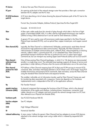 124
FC device A device that uses Fibre Channel communications.
FC port An opening at the back of the network storage router that provides a fiber optic connection
between the FC adapter and the FC host.
FC-SCSI hardware
path ID
A FC term describing a list of values showing the physical hardware path of the FC host to the
target device.
Format: Bus_Converter/Adapter_Address.Protocol_Type.Area.Port.Bus.Target.LUN
Example: 8/4.8.0.0.2.4.0
fiber A fiber optic cable made from thin strands of glass through which data in the form of light
pulses is transmitted (LASER, LED). It is often used for high-speed transmission over medium
(200m) to long (10km) distances but it can be used for short distances (<200m).
fibre A generic FC term used to cover all transmission media types specified in the Fibre Channel
Physical Layer standard (FC-PH), such as optical fiber, copper twisted pair, and copper coaxial
cable.
fibre channel (FC) Logically, the Fibre Channel is a bidirectional, full-duplex, point-to-point, serial data channel
structured for high performance data communication. Physically, the Fibre Channel is an
interconnection of multiple communication ports, called N_Ports, interconnected by a switching
network, called a fabric, a point-to-point link, or an arbitrated loop. Fibre Channel is a
generalized transport mechanism that has no protocol of its own or native input/output
command set, but can transport any existing Upper Level Protocols (ULPs) such as SCSI and IP.
fibre channel -
arbitrated loop
(FC-AL)
One of three existing Fibre Channel topologies, in which 2 to 126 devices are interconnected
serially in a single loop circuit. The arbitrated loop topology supports all classes of service and
guarantees in order delivery of frames when the source and destination are on the same loop.
fibre channel
protocol for SCSI
(FCP)
FCP defines a Fibre Channel mapping layer (FC-4) that uses FC-PH services to transmit SCSI
command, data, and status information between a SCSI initiator and a SCSI target. Using FCP
enables transmission and receipt of SCSI commands, data and status, across the Fibre Channel
using the standard Fibre Channel frame and sequence formats.
frame The smallest, indivisible unit of information transfer used by Fibre Channel. Frames are used
for transferring data associated with a sequence. Frame size depends on the hardware
implementation and is independent of the ULP or the application software.
ftp File Transfer Protocol
gigabit interface
connector (GBIC)
A physical component that manages the functions of the FC-0 layer, which is the physical
characteristic of the media and interface, including drivers, transceivers, connectors, and
cables. Mounts on a FC adapter card and connects the network storage router to a FC host.
Also referred to as a Physical Link Module (PLM).
hardware path See FC-SCSI Hardware Path ID.
host bus adapter
(HBA)
See FC Adapter.
HVD High Voltage Differential
ID Numerical identifier
indexed addressing A menu name. It allows for generic Fibre Channel host bus adapters to access SCSI devices
attached to the network storage router using a table which is indexed by sequential LUN
values.
 