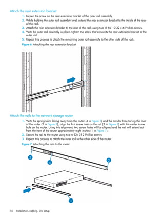 16 Installation, cabling, and setup
Attach the rear extension bracket
1. Loosen the screw on the rear extension bracket of the outer rail assembly.
2. While holding the outer rail assembly level, extend the rear extension bracket to the inside of the rear
of the rack.
3. Attach the rear extension bracket to the rear of the rack using two of the 10-32 x 6 Phillips screws.
4. With the outer rail assembly in place, tighten the screw that connects the rear extension bracket to the
outer rail.
5. Repeat this process to attach the remaining outer rail assembly to the other side of the rack.
Figure 6 Attaching the rear extension bracket
Attach the rails to the network storage router
1. With the spring latch facing away from the router (4 in Figure 7) and the circular hole facing the front
of the router (2 in Figure 7), align the first screw hole on the rail (3 in Figure 7) with the center screw
hole on the router. Using this alignment, two screw holes will be aligned and the rail will extend out
from the front of the router approximately eight inches (1 in Figure 7).
2. Secure the rail to the router using two 6-32x 312 Phillips screws.
3. Repeat this process to attach the inner rail to the other side of the router.
Figure 7 Attaching the rails to the router
 