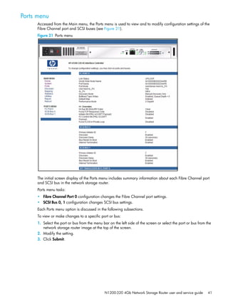 N1200-320 4Gb Network Storage Router user and service guide 41
Ports menu
Accessed from the Main menu, the Ports menu is used to view and to modify configuration settings of the
Fibre Channel port and SCSI buses (see Figure 21).
Figure 21 Ports menu
The initial screen display of the Ports menu includes summary information about each Fibre Channel port
and SCSI bus in the network storage router.
Ports menu tasks:
• Fibre Channel Port 0 configuration changes the Fibre Channel port settings.
• SCSI Bus 0, 1 configuration changes SCSI bus settings.
Each Ports menu option is discussed in the following subsections.
To view or make changes to a specific port or bus:
1. Select the port or bus from the menu bar on the left side of the screen or select the port or bus from the
network storage router image at the top of the screen.
2. Modify the setting.
3. Click Submit.
 
