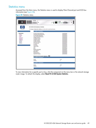N1200-320 4Gb Network Storage Router user and service guide 49
Statistics menu
Accessed from the Main menu, the Statistics menu is used to display Fibre Channel port and SCSI bus
information (see Figure 28).
Figure 28 Statistics menu
To view information for a specific port or bus, click the component on the menu bar or the network storage
router image. To refresh the display, select Reset FC & SCSI System Statistics.
 