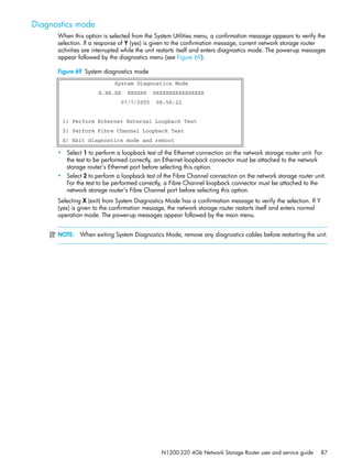 N1200-320 4Gb Network Storage Router user and service guide 87
Diagnostics mode
When this option is selected from the System Utilities menu, a confirmation message appears to verify the
selection. If a response of Y (yes) is given to the confirmation message, current network storage router
activities are interrupted while the unit restarts itself and enters diagnostics mode. The power-up messages
appear followed by the diagnostics menu (see Figure 69).
Figure 69 System diagnostics mode
• Select 1 to perform a loopback test of the Ethernet connection on the network storage router unit. For
the test to be performed correctly, an Ethernet loopback connector must be attached to the network
storage router’s Ethernet port before selecting this option.
• Select 2 to perform a loopback test of the Fibre Channel connection on the network storage router unit.
For the test to be performed correctly, a Fibre Channel loopback connector must be attached to the
network storage router’s Fibre Channel port before selecting this option.
Selecting X (exit) from System Diagnostics Mode has a confirmation message to verify the selection. If Y
(yes) is given to the confirmation message, the network storage router restarts itself and enters normal
operation mode. The power-up messages appear followed by the main menu.
NOTE: When exiting System Diagnostics Mode, remove any diagnostics cables before restarting the unit.
System Diagnostics Mode
X.XX.XX XXXXXX XXXXXXXXXXXXXXXX
07/7/2005 08:56:22
1) Perform Ethernet External Loopback Test
2) Perform Fibre Channel Loopback Test
X) Exit diagnostics mode and reboot
 