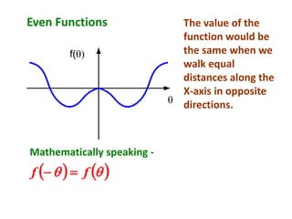 Even Functions

f()
The value of the
function would be
the same when we
walk equal
distances along the
X-axis in opposite
directions.
( ) ( ) ff =−
Mathematically speaking -
 
