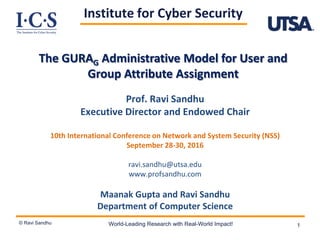 The GURAG Administrative Model for User and
Group Attribute Assignment
Prof. Ravi Sandhu
Executive Director and Endowed Chair
10th International Conference on Network and System Security (NSS)
September 28-30, 2016
ravi.sandhu@utsa.edu
www.profsandhu.com
Maanak Gupta and Ravi Sandhu
Department of Computer Science
Institute for Cyber Security
© Ravi Sandhu World-Leading Research with Real-World Impact! 1
 