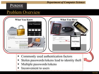 Department of Computer Science
Problem Overview
NSS 2014
What You Know What You Have
 Commonly used authentication factors
 Stolen passwords/tokens lead to identity theft
 Multiple passwords/tokens
 Inconvenient to users
 