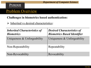Department of Computer Science
Inherited Characteristics of
Biometrics
Desired Characteristics of
Biometrics Based Identifier
Uniqueness & Unforgeability Uniqueness & Unforgeability
Non-Repeatability Repeatability
Non-Revocability Revocability
Challenges in biometrics based authentication:
 Inherited vs desired characteristics:
Problem Overview
NSS 2014
 