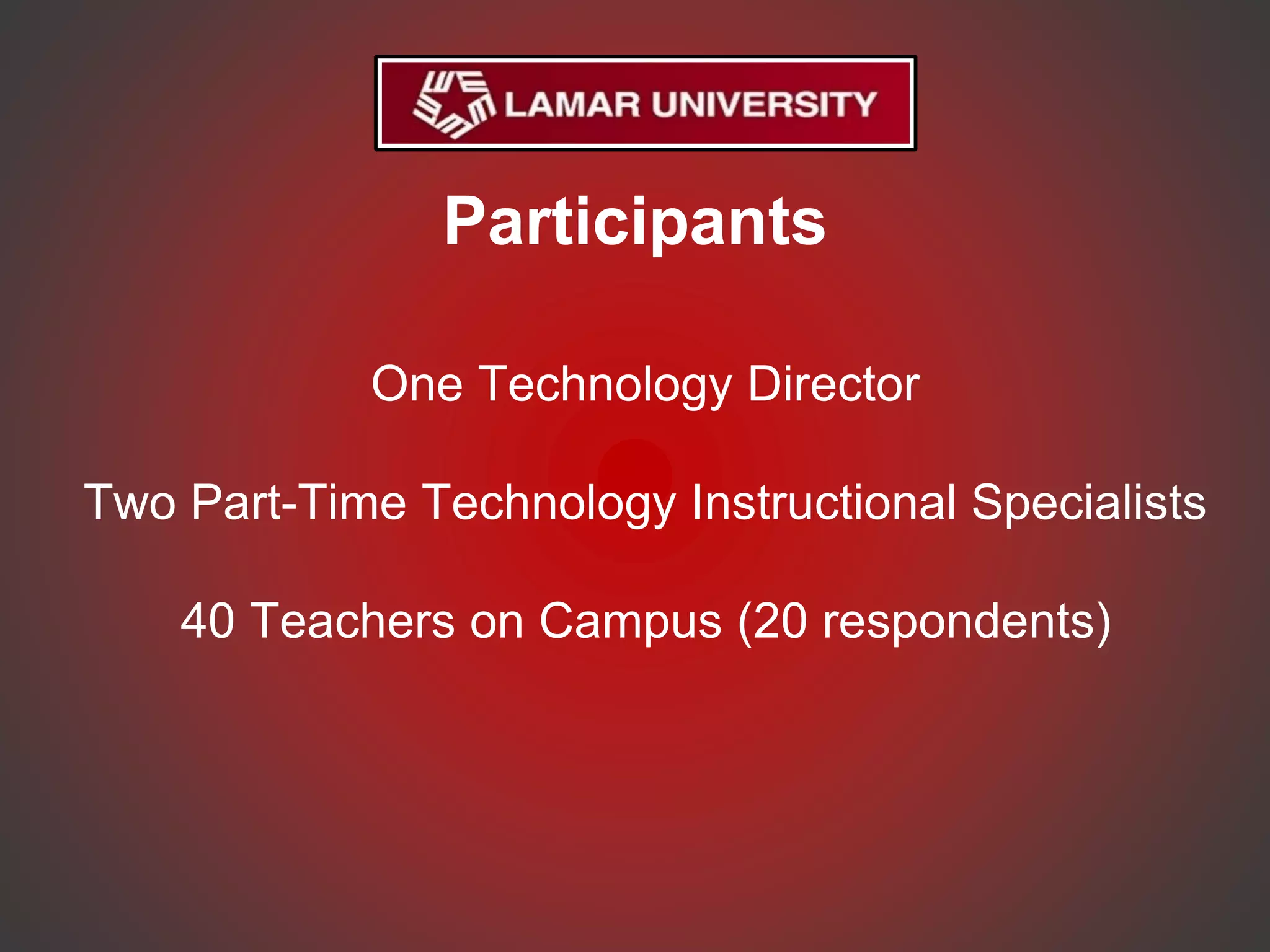 Participants
One Technology Director
Two Part-Time Technology Instructional Specialists
40 Teachers on Campus (20 respondents)
 
