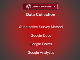 Data Collection
Quantitative Survey Method
Google Docs
Google Forms
Google Analytics
 