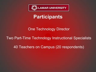Participants
One Technology Director
Two Part-Time Technology Instructional Specialists
40 Teachers on Campus (20 respondents)
 