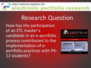 Research Question
How has the participation
of an ETL master’s
candidate in an e-portfolio
process contributed to the
implementation of e-
portfolio practices with PK-
12 students?
 