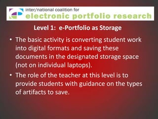 Level 1: e-Portfolio as Storage
• The basic activity is converting student work
  into digital formats and saving these
  documents in the designated storage space
  (not on individual laptops).
• The role of the teacher at this level is to
  provide students with guidance on the types
  of artifacts to save.
 