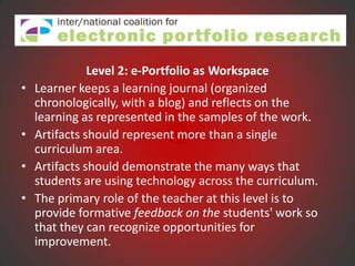 Level 2: e-Portfolio as Workspace
•   Learner keeps a learning journal (organized
    chronologically, with a blog) and reflects on the
    learning as represented in the samples of the work.
•   Artifacts should represent more than a single
    curriculum area.
•   Artifacts should demonstrate the many ways that
    students are using technology across the curriculum.
•   The primary role of the teacher at this level is to
    provide formative feedback on the students' work so
    that they can recognize opportunities for
    improvement.
 