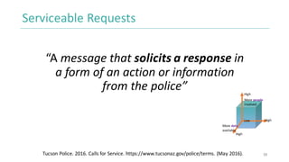 Serviceable	Requests
“A message	that	solicits	a	response	in	
a	form	of	an	action	or	information	
from	the	police”
38Tucson...
