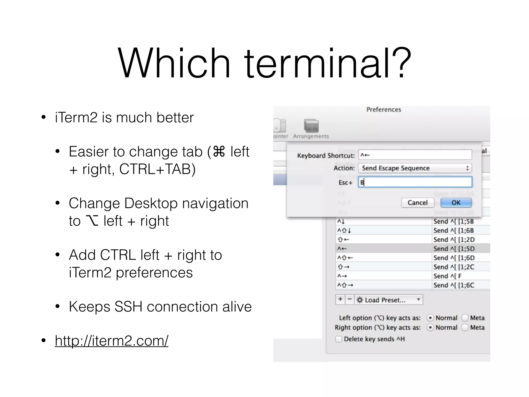 Which terminal? 
• iTerm2 is much better 
• Easier to change tab (⌘ left 
+ right, CTRL+TAB) 
• Change Desktop navigation 
to ⌥ left + right 
• Add CTRL left + right to 
iTerm2 preferences 
• Keeps SSH connection alive 
• http://iterm2.com/ 
 