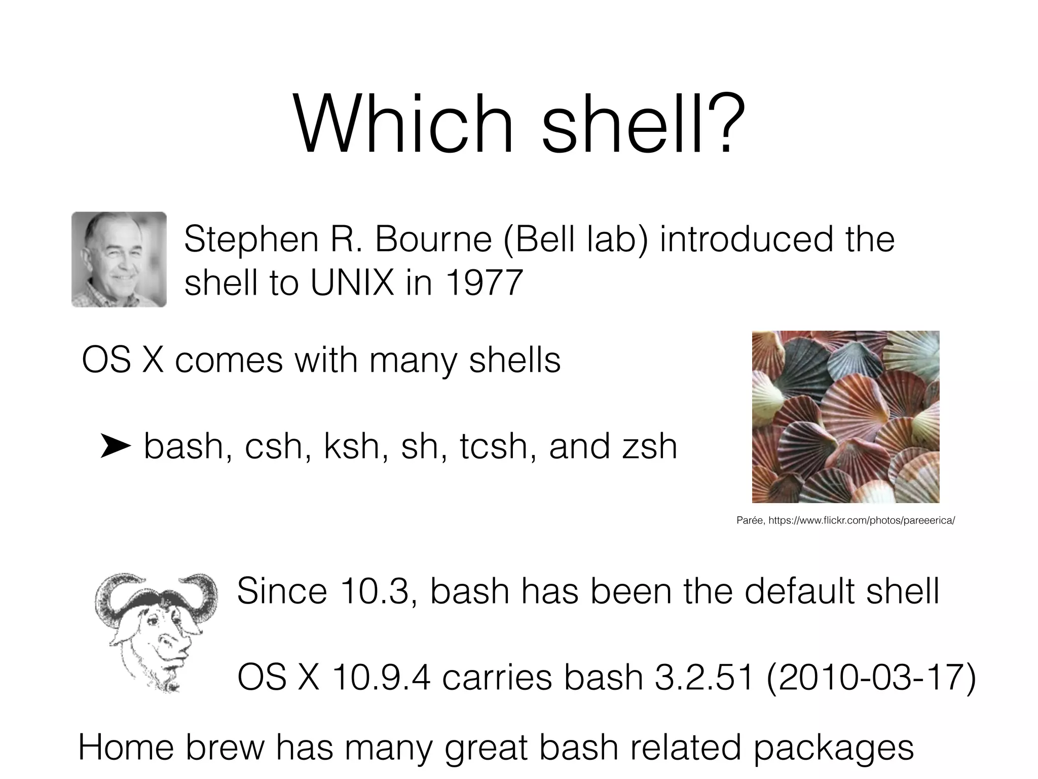 Which shell? 
Stephen R. Bourne (Bell lab) introduced the 
shell to UNIX in 1977 
OS X comes with many shells 
➤ bash, csh, ksh, sh, tcsh, and zsh 
Parée, https://www.flickr.com/photos/pareeerica/ 
Since 10.3, bash has been the default shell 
OS X 10.9.4 carries bash 3.2.51 (2010-03-17) 
Home brew has many great bash related packages 
 