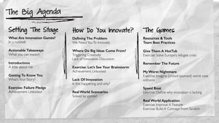 The Big Agenda
Setting The Stage
What Are Innovation Games?
In a nutshell
Actionable Takeaways
What you can expect
Introductions
A little about me
Getting To Know You
What’sYour Story?
Exercise: Failure Pledge
Achievement Unlocked
How Do You Innovate?
Deﬁning The Problem
We NeedYouTo Innovate
Where Do Big Ideas Come From?
Triggering Creativity
Lack of Innovation Discussion
Exercise: Let’s See Your Brainstorm
Achievement Unlocked
Lack Of Innovation
Is this happening and why?
Real World Scencarios
Solved by games?
The Games
Resources & Tools
Team Best Practices
Give Them A HotTub
Exercise: Solve Europe’s refugee crisis
Remember The Future
My Worst Nightmare
Exercise; Imagine (crowd sourced) worst case
scenario
Speed Boat
Exercise: Deﬁne why innovation is lacking
Real World Application
Exercise: Improve A Feature
Exercise: Build A Concept From Scratch
 