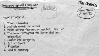 Improve Gmail Compose
Give Them
A Hot Tub
How it works
1. T ime: 5 minutes
2. Multiple rounds as needed
3. Write several features on post-its. One per.
4. The more outrageous the better (hot tub
integration)
5. Cluster into categories
6. Extract (excel)
7. Prioritize
8. Add to roadmap
The Games
 