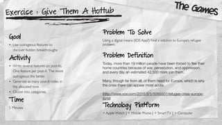 Exercise : Give Them A Hottub
Goal
• Use outrageous features to
discover hidden breakthroughs
Activity
• Write several features on post-its.
One feature per post-it. The more
outrageous the better.
• Generate as many post-it notes in
the allocated time.
• Cluster into categories.
T ime
5 Minutes
Problem To Solve
Using a digital means (IOS App?) Find a solution to Europe’s refugee
problem.
Problem Definition
Today, more than 19 million people have been forced to ﬂee their
home countries because of war, persecution, and oppression,
and every day an estimated 42,500 more join them.
Many, though far from all, of them head for Europe, which is why
the crisis there can appear most acute.
(http://www.vox.com/2015/9/5/9265501/refugee-crisis-europe-
syria)
Technology Platform
+ Apple Watch | + Mobile Phone | + SmartTV | + Computer
The Games
 