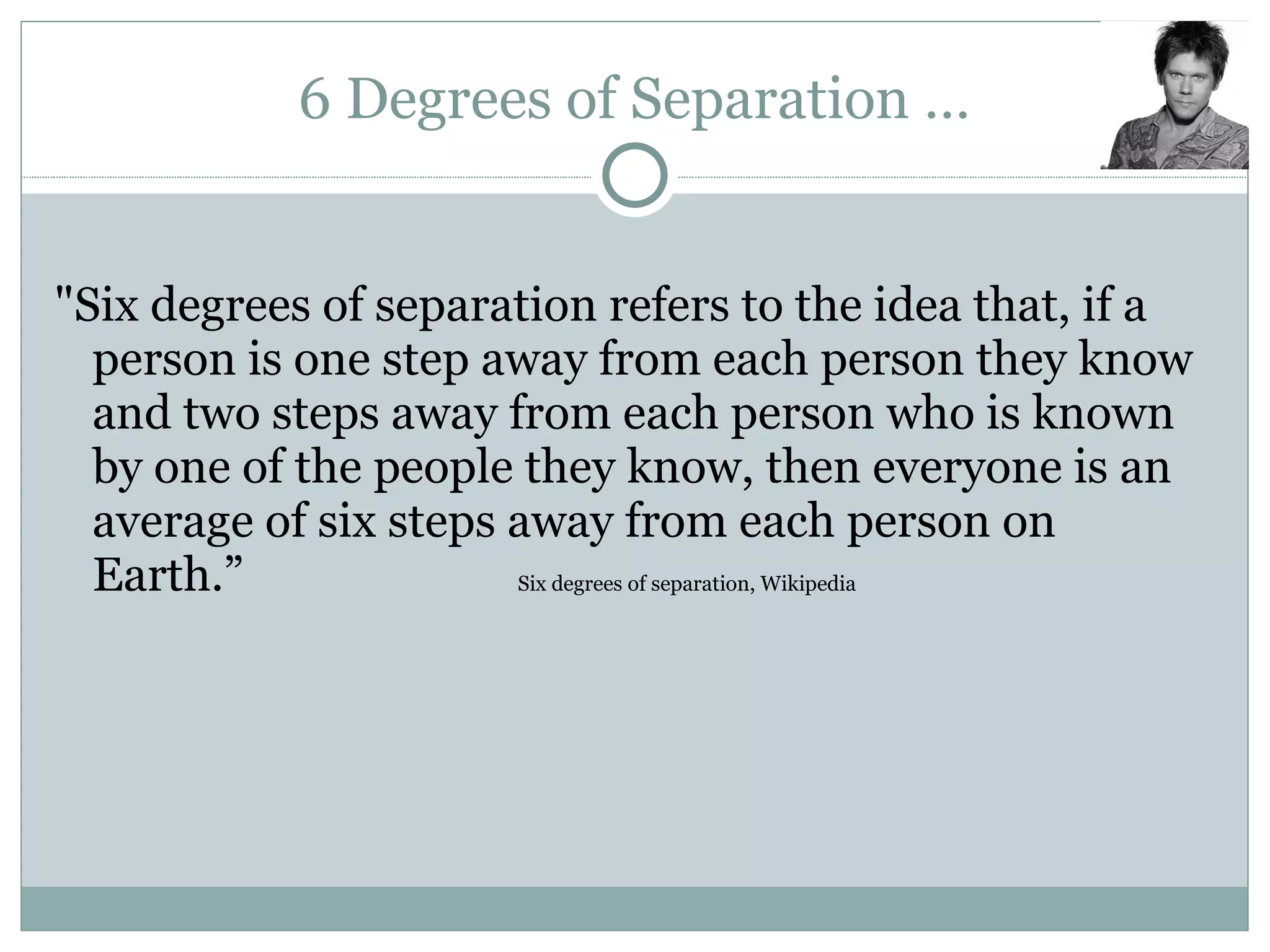 6 Degrees of Separation … &quot;Six degrees of separation refers to the idea that, if a person is one step away from each person they know and two steps away from each person who is known by one of the people they know, then everyone is an average of six steps away from each person on Earth.”  Six degrees of separation, Wikipedia 