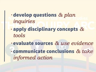 • develop questions & plan
inquiries
• apply disciplinary concepts &
tools
• evaluate sources & use evidence
• communicate conclusions & take
informed action
 