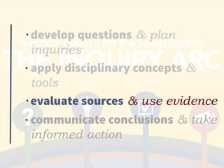 • develop questions & plan
inquiries
• apply disciplinary concepts &
tools
• evaluate sources & use evidence
• communicate conclusions & take
informed action
 