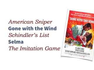 American Sniper
Gone with the Wind
Schindler’s List
Selma
The Imitation Game
 