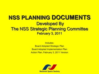 NSS PLANNING DOCUMENTS
           Developed By
The NSS Strategic Planning Committee
              February 3, 2011

                       Includes:
             Board Adopted Strategic Plan
          Board Adopted Implementation Plan
         Action Plan, February 3, 2011 Version
 
