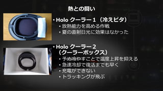 熱との闘い
• Holo クーラー１（冷えピタ）
• 放熱能力を高める作戦
• 夏の直射日光に効果はなかった
• Holo クーラー２
（クーラーボックス）
• 予め冷やすことで温度上昇を抑える
• 急速冷却で復活までも早く
• 充電ができない
• トラッキングが飛ぶ
 